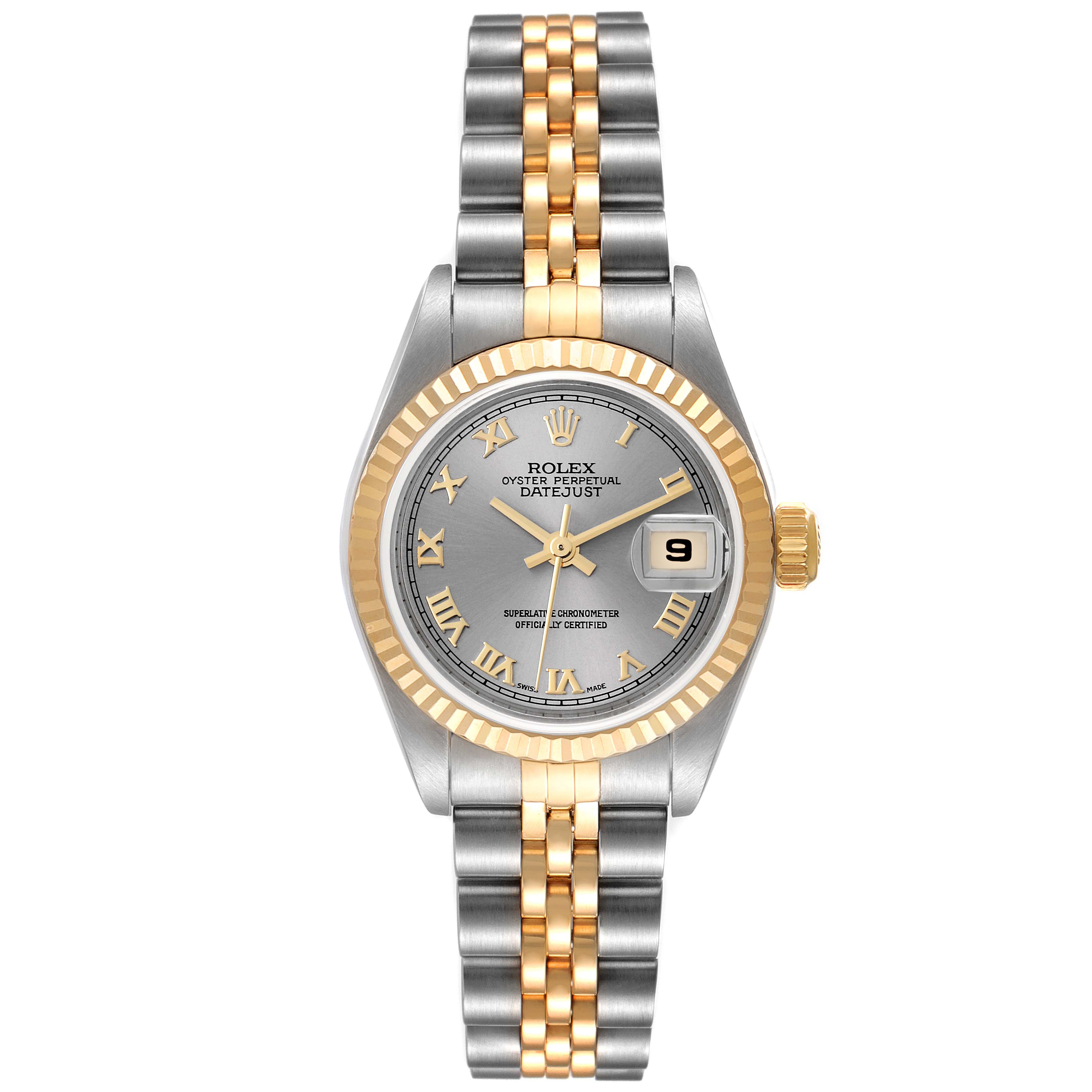 This image shows a full frontal view of a Rolex Datejust 79173 Women's Steel and Gold (two tone) Grey Dial 79173 Women's Steel and Gold (two tone) Grey Dial watch, including its jubilee bracelet and fluted bezel.