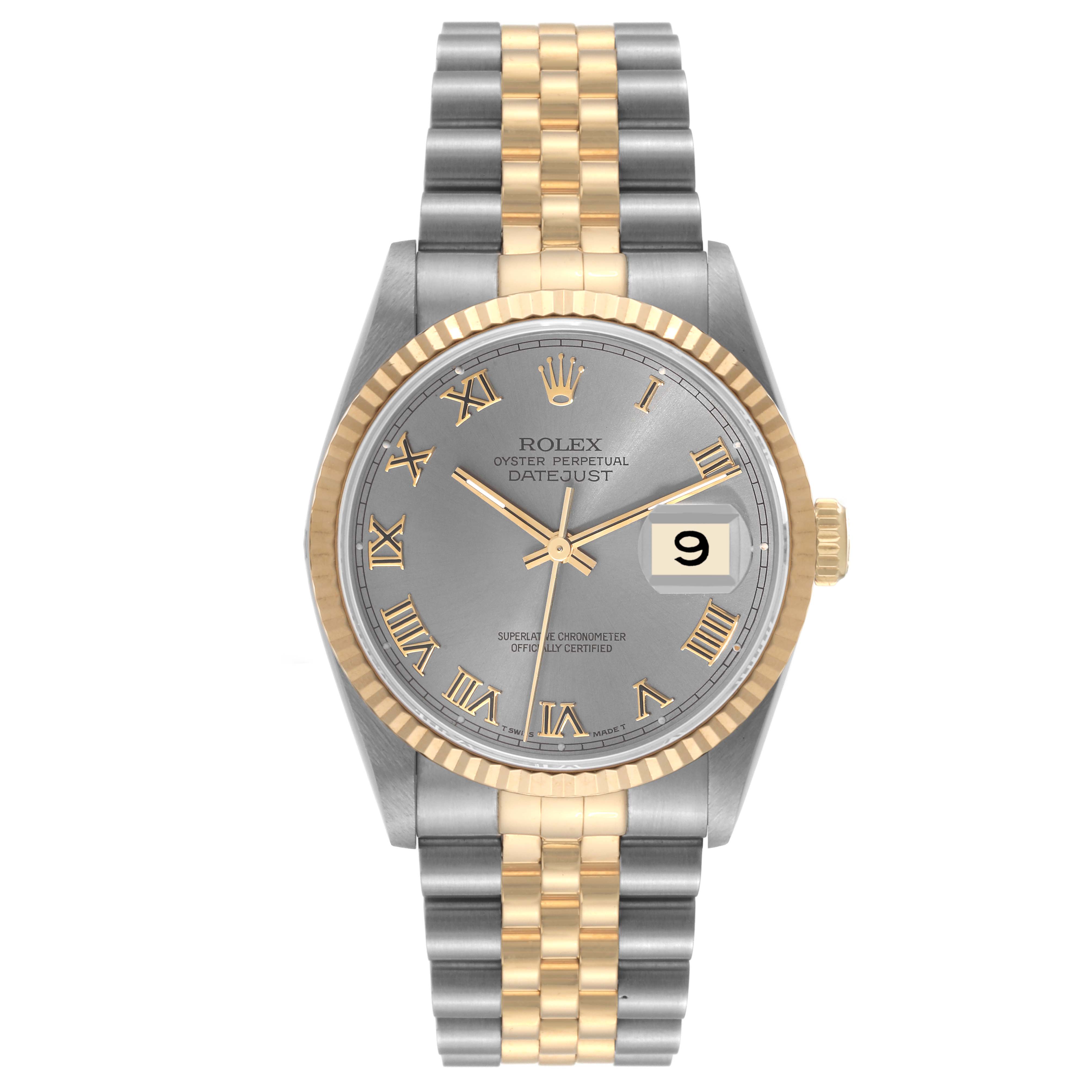 This image shows a front view of a Rolex Datejust 16233 Men's Steel and Gold (two tone) Grey Dial 16233 Men's Steel and Gold (two tone) Grey Dial watch, highlighting the face, bezel, crown, and two-tone bracelet.