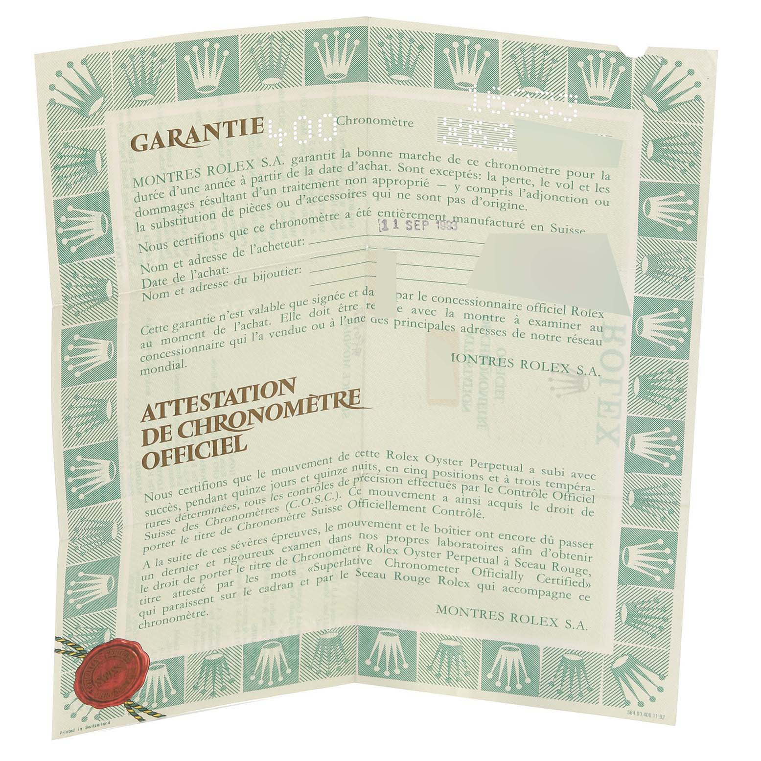 The image shows the official warranty and certification papers for the Rolex Datejust 16233 Men's Steel and Gold (two tone) Grey Dial 16233 Men's Steel and Gold (two tone) Grey Dial model watch.