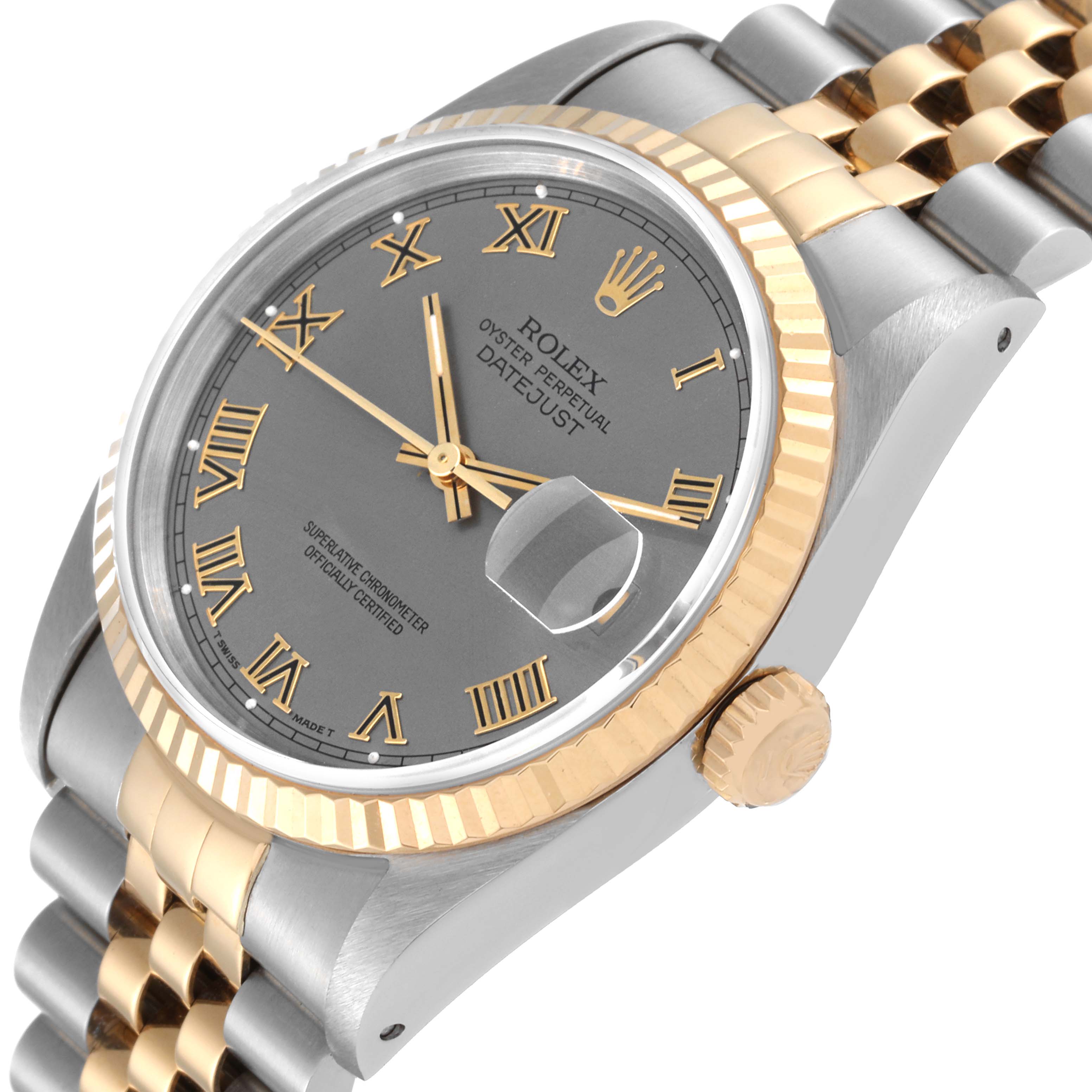 The image shows a Rolex Datejust 16233 Men's Steel and Gold (two tone) Grey Dial 16233 Men's Steel and Gold (two tone) Grey Dial watch at an angle, highlighting the dial, fluted bezel, crown, and part of the band.