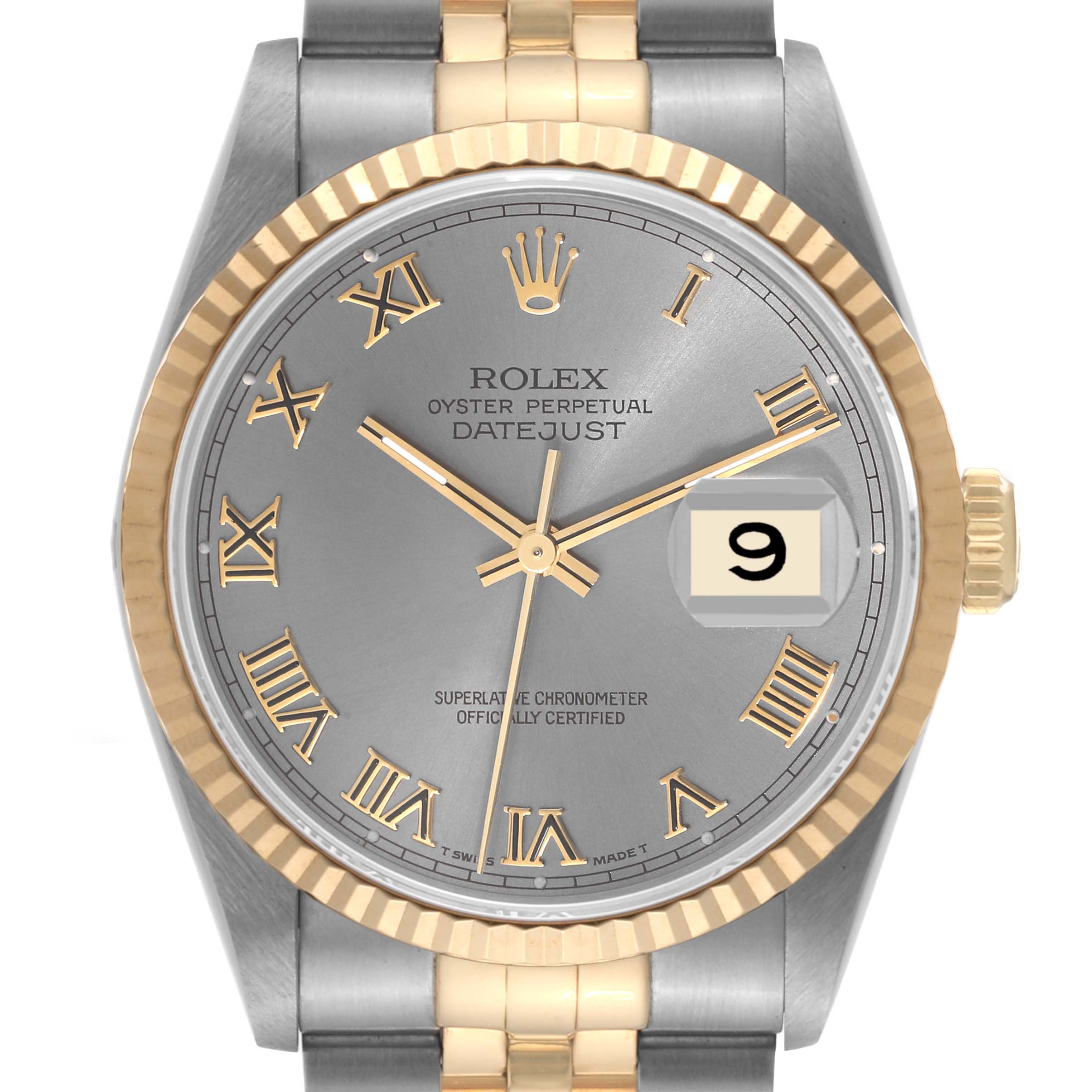 The image shows a front view of a Rolex Datejust 16233 Men's Steel and Gold (two tone) Grey Dial 16233 Men's Steel and Gold (two tone) Grey Dial watch, highlighting the dial, bezel, and part of the bracelet.
