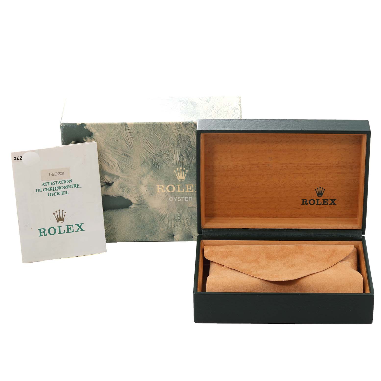 The image shows the packaging, box, and manual for a Rolex Datejust 16233 Men's Steel and Gold (two tone) Grey Dial 16233 Men's Steel and Gold (two tone) Grey Dial watch.