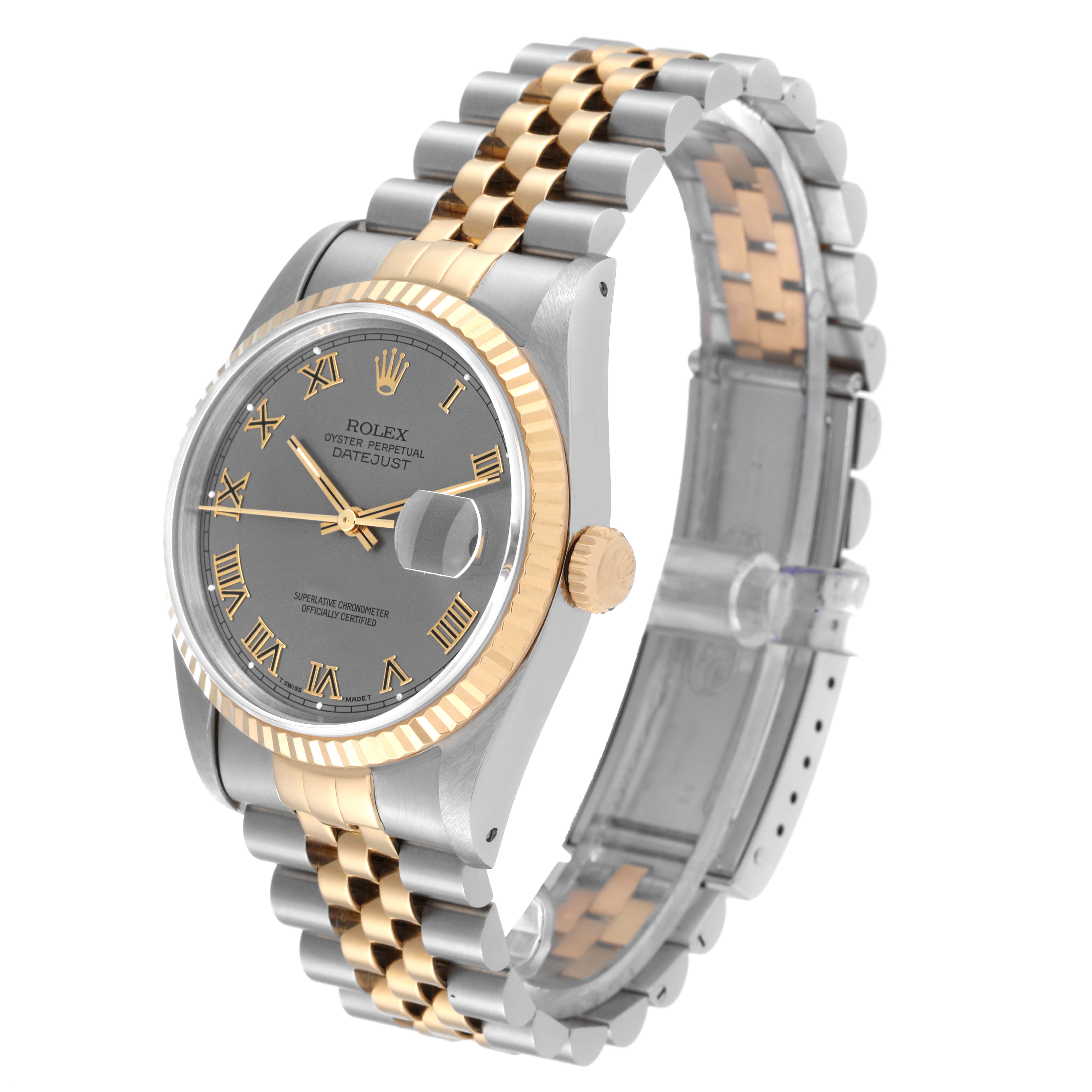 The Rolex Datejust 16233 Men's Steel and Gold (two tone) Grey Dial 16233 Men's Steel and Gold (two tone) Grey Dial watch is shown at a slight angle, highlighting its dial, bezel, crown, and two-tone jubilee bracelet.