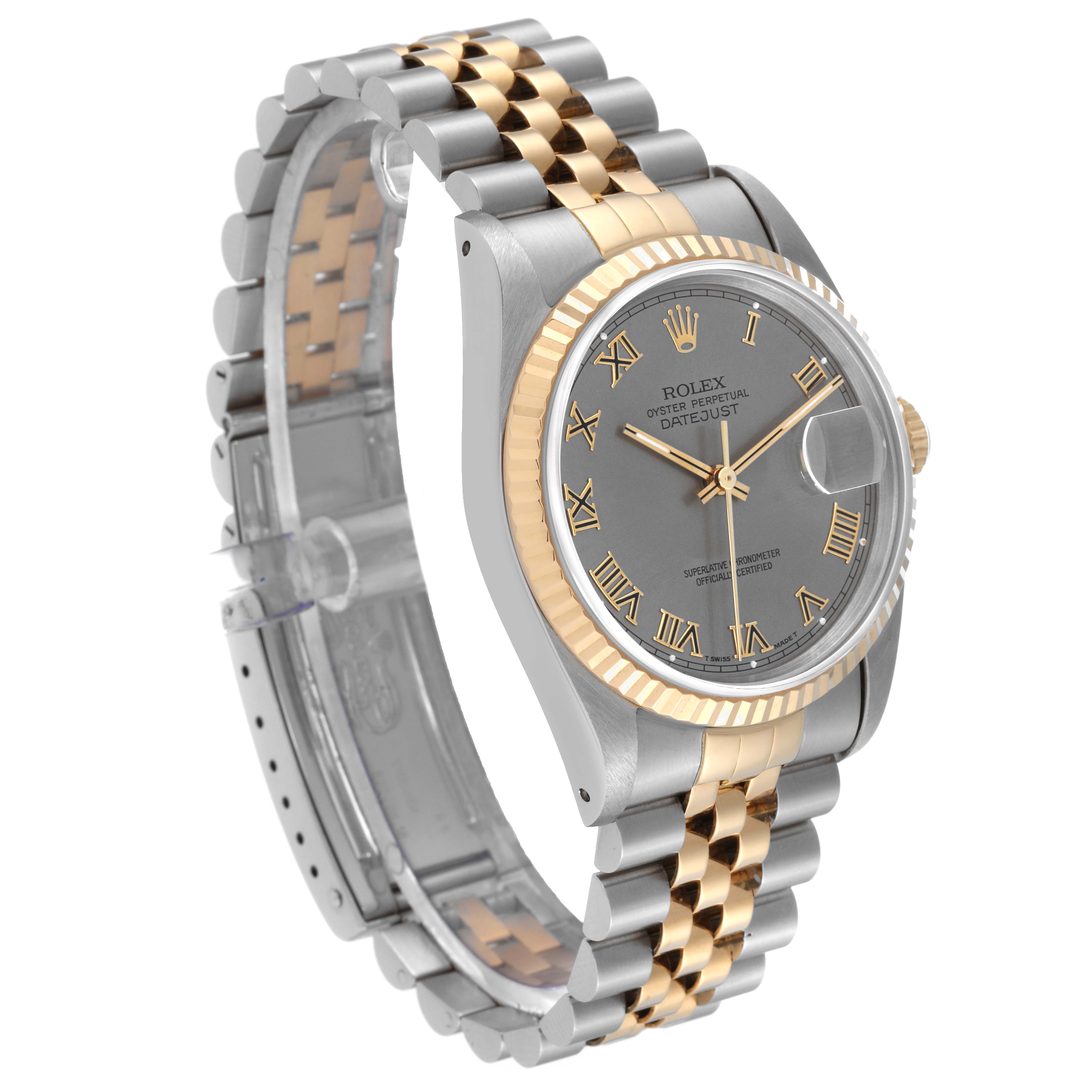 This Rolex Datejust 16233 Men's Steel and Gold (two tone) Grey Dial 16233 Men's Steel and Gold (two tone) Grey Dial watch is shown at an angle displaying its face, fluted bezel, and two-tone jubilee bracelet.