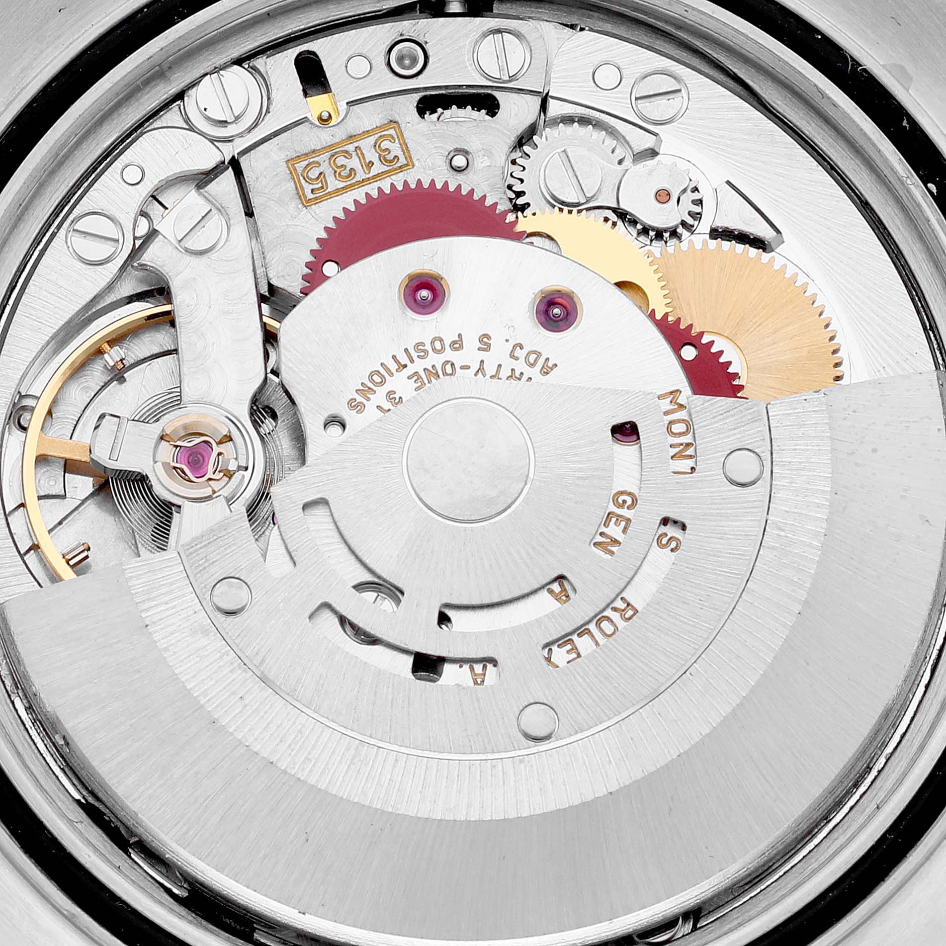 The image shows the internal movement components of a Rolex Datejust 16233 Men's Steel and Gold (two tone) Grey Dial 16233 Men's Steel and Gold (two tone) Grey Dial model at a close-up angle.