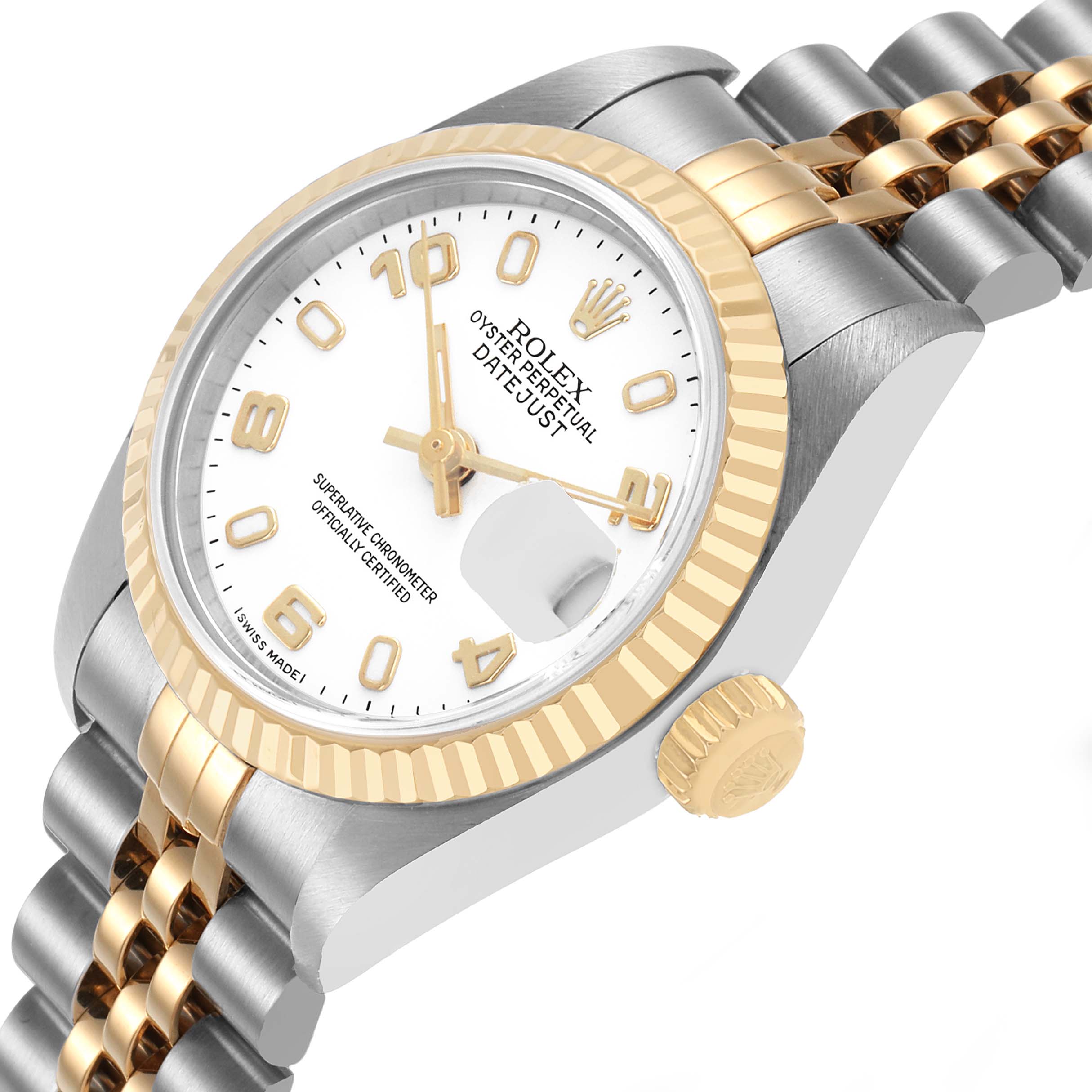 The Rolex Datejust 79173 Women's Stainless Steel White Dial watch is shown at a side angle highlighting the dial, bezel, and crown.