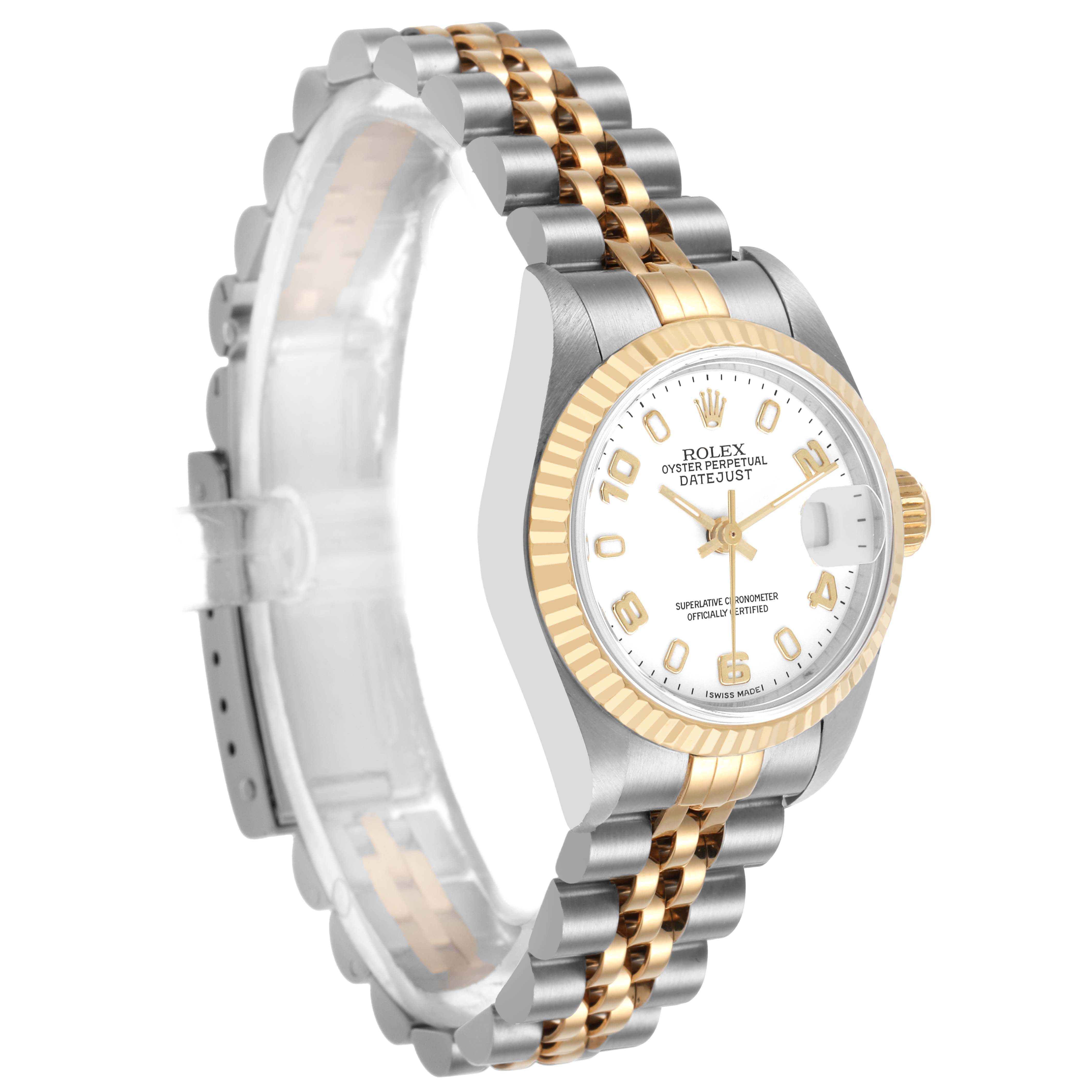 The Rolex Datejust 79173 Women's Stainless Steel White Dial watch is shown at a three-quarter angle, displaying the face, bezel, and bracelet.