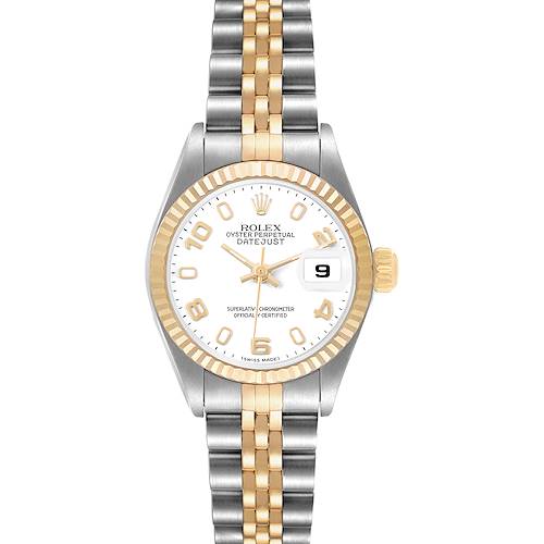 The image shows a frontal view of the Rolex Datejust 79173 Women's Stainless Steel White Dial watch, featuring the dial, bezel, bracelet, and crown.