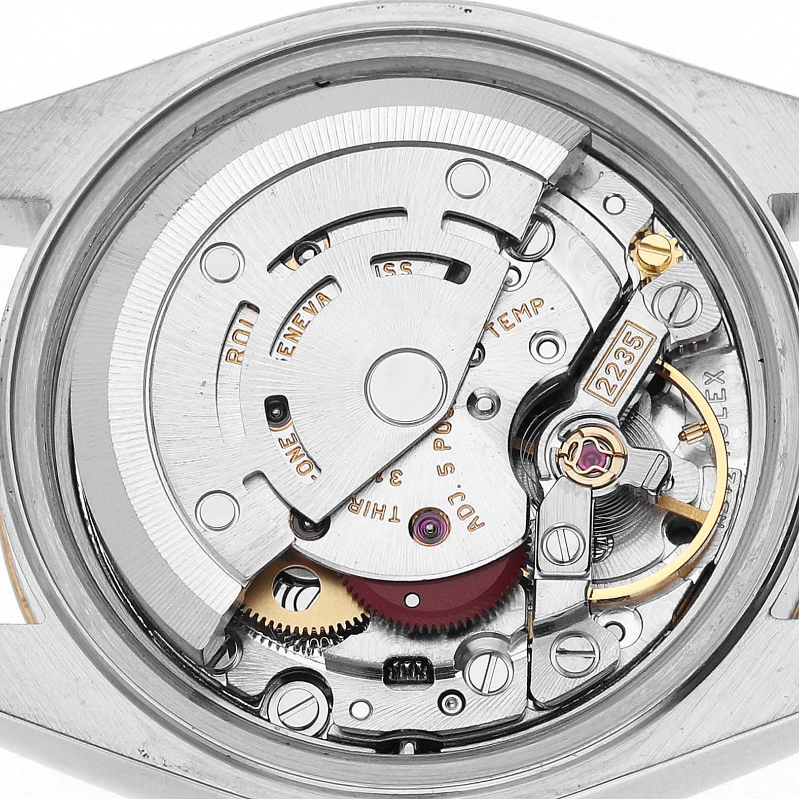 The image shows the movement mechanism of a Rolex Datejust 79173 Women's Stainless Steel White Dial, focusing on its intricate internal components.