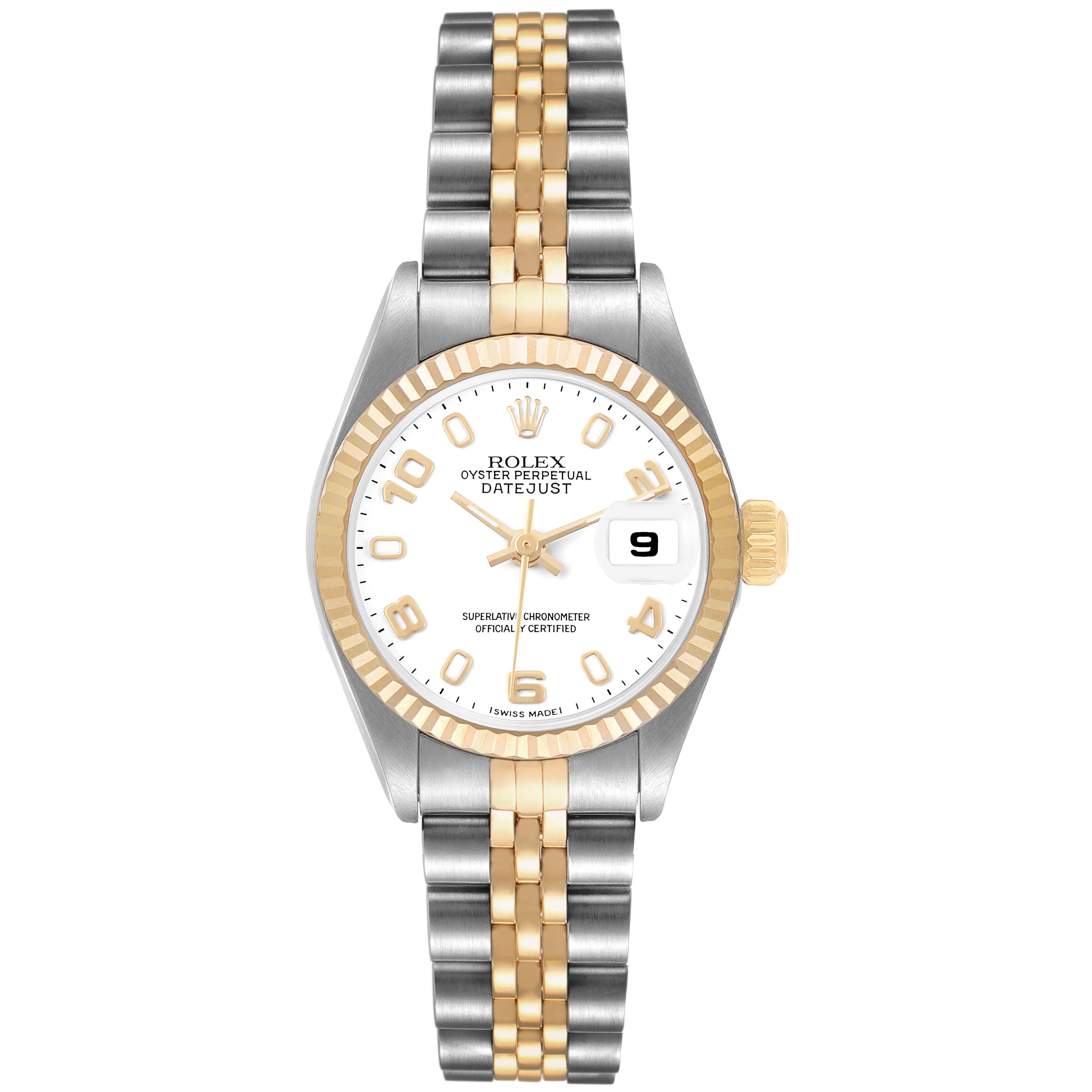 The Rolex Datejust 79173 Women's Stainless Steel White Dial watch is shown from a top-down angle, featuring its dial, bezel, and two-tone bracelet.