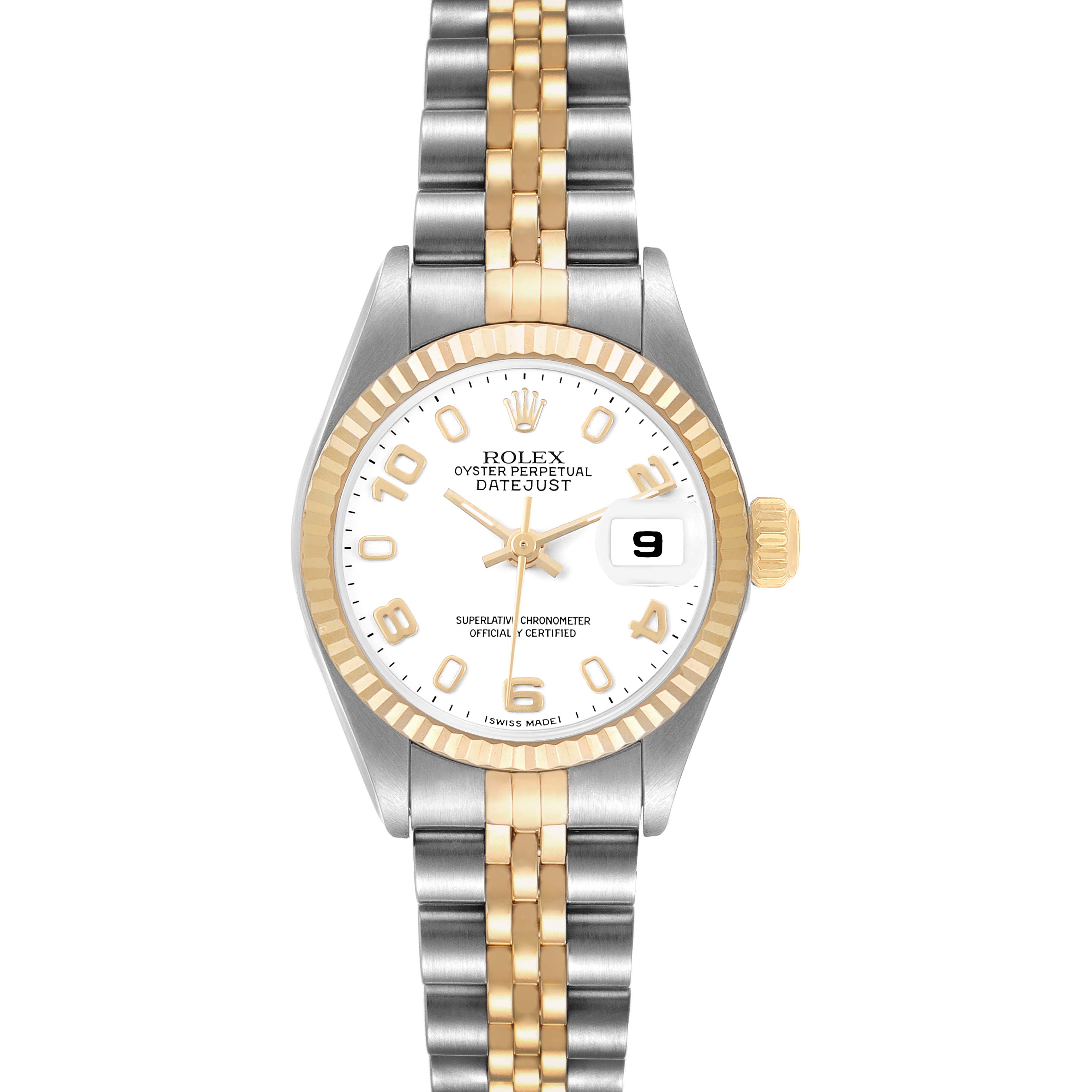 The Rolex Datejust 79173 Women's Stainless Steel White Dial watch is shown from a front angle displaying the dial, bezel, and Jubilee bracelet.