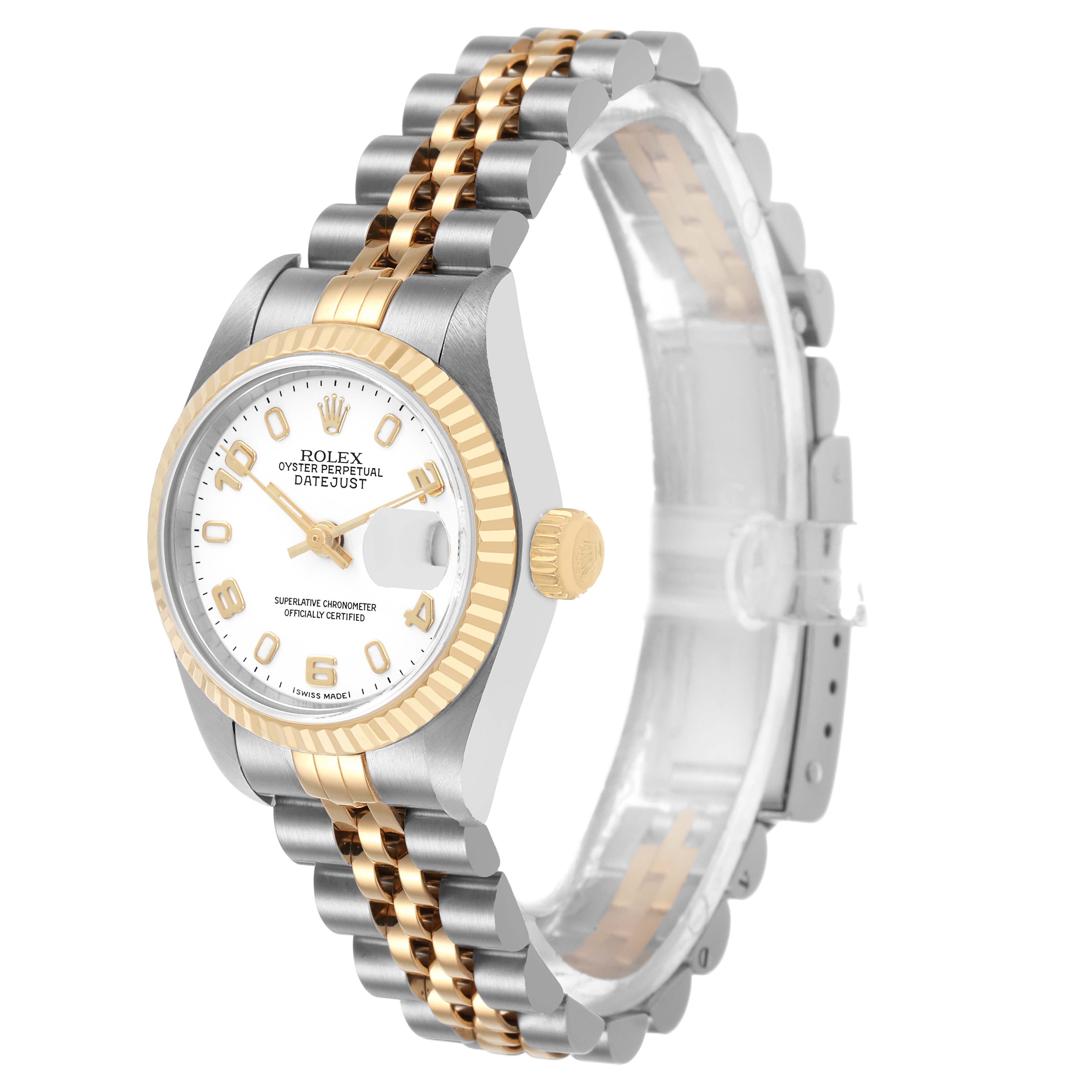 The Rolex Datejust 79173 Women's Stainless Steel White Dial watch is shown at a three-quarter angle, highlighting the face, bezel, and Jubilee bracelet.