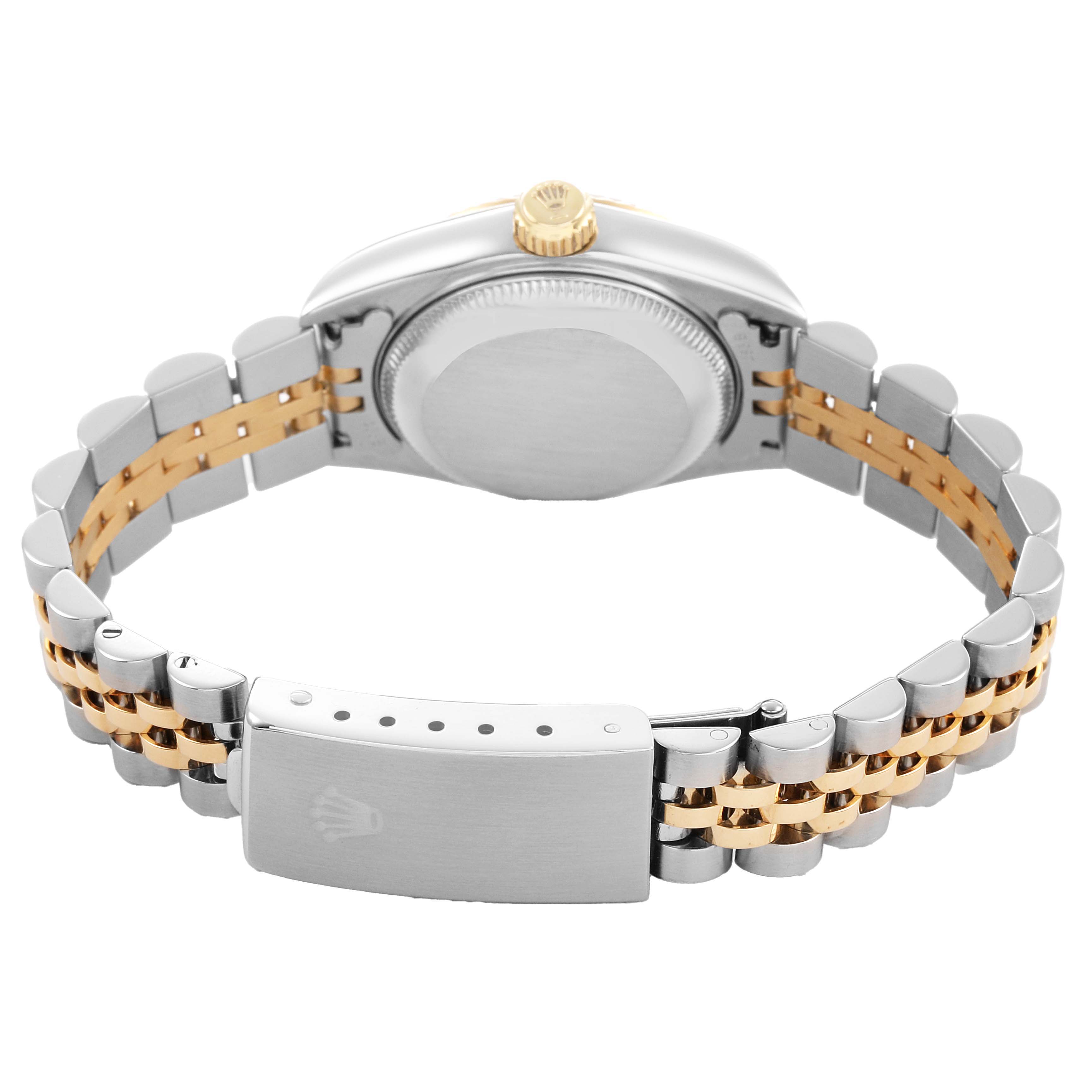 The image shows the back view of a Rolex Datejust 79173 Women's Stainless Steel White Dial, highlighting the case back, crown, and Jubilee bracelet with a clasp.