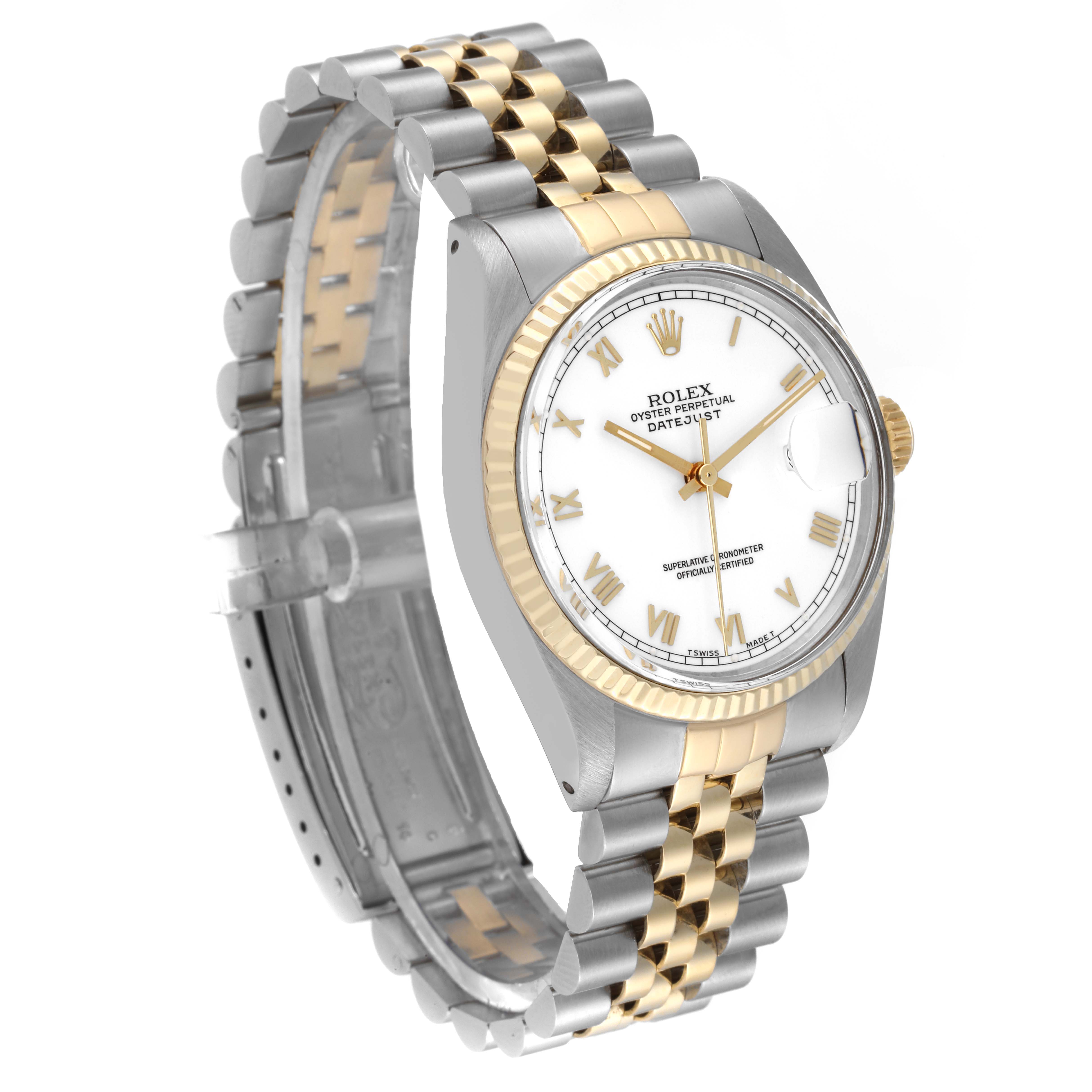 The image shows a side angle of a Rolex Vintage Collection 16013 Men's Steel and Gold (two tone) White Dial 16013 Men's Steel and Gold (two tone) White Dial watch, highlighting the face, bezel, and two-tone bracelet.