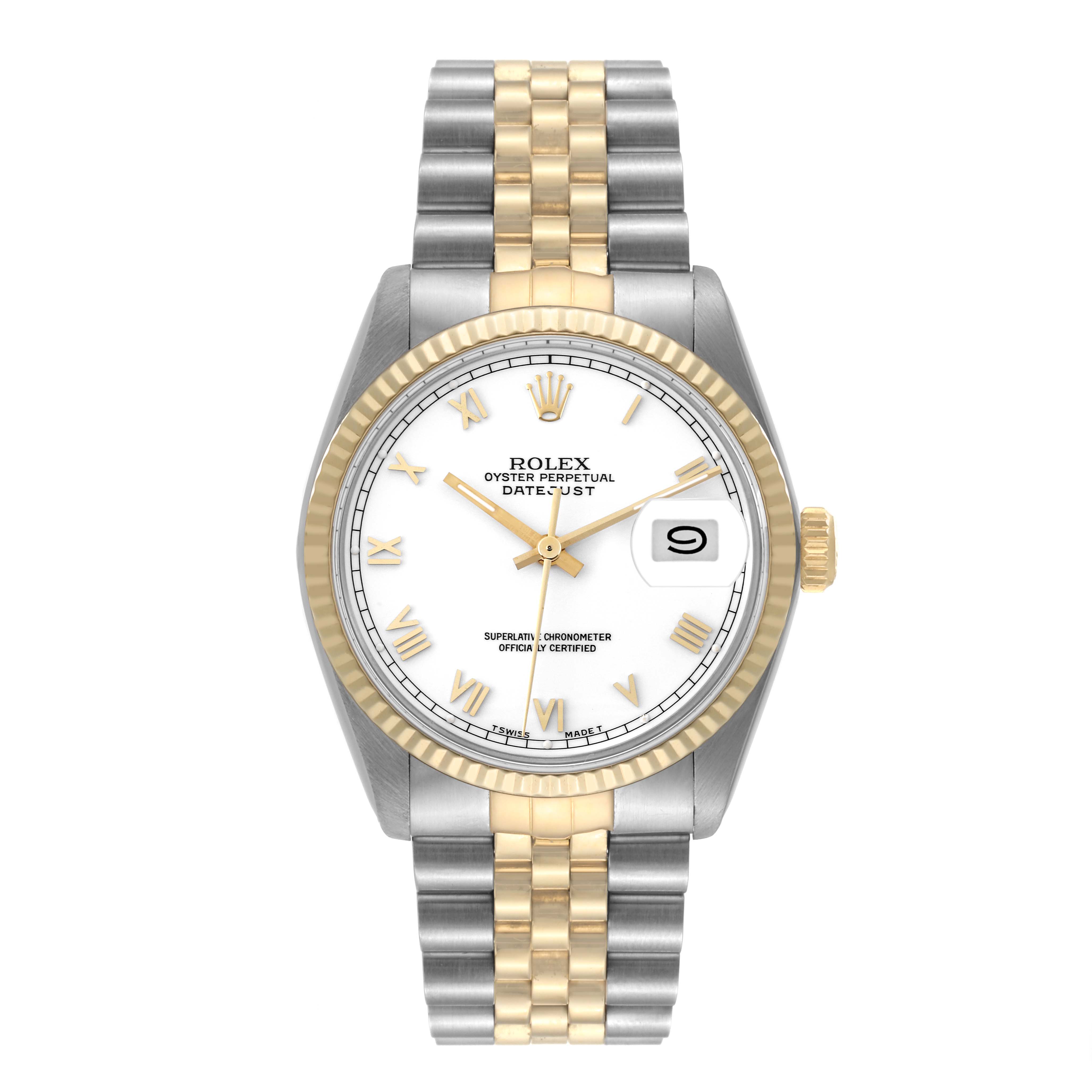 The image shows a front view of the Rolex Vintage Collection 16013 Men's Steel and Gold (two tone) White Dial 16013 Men's Steel and Gold (two tone) White Dial model watch, featuring a gold and silver bracelet and a white dial with Roman numerals.