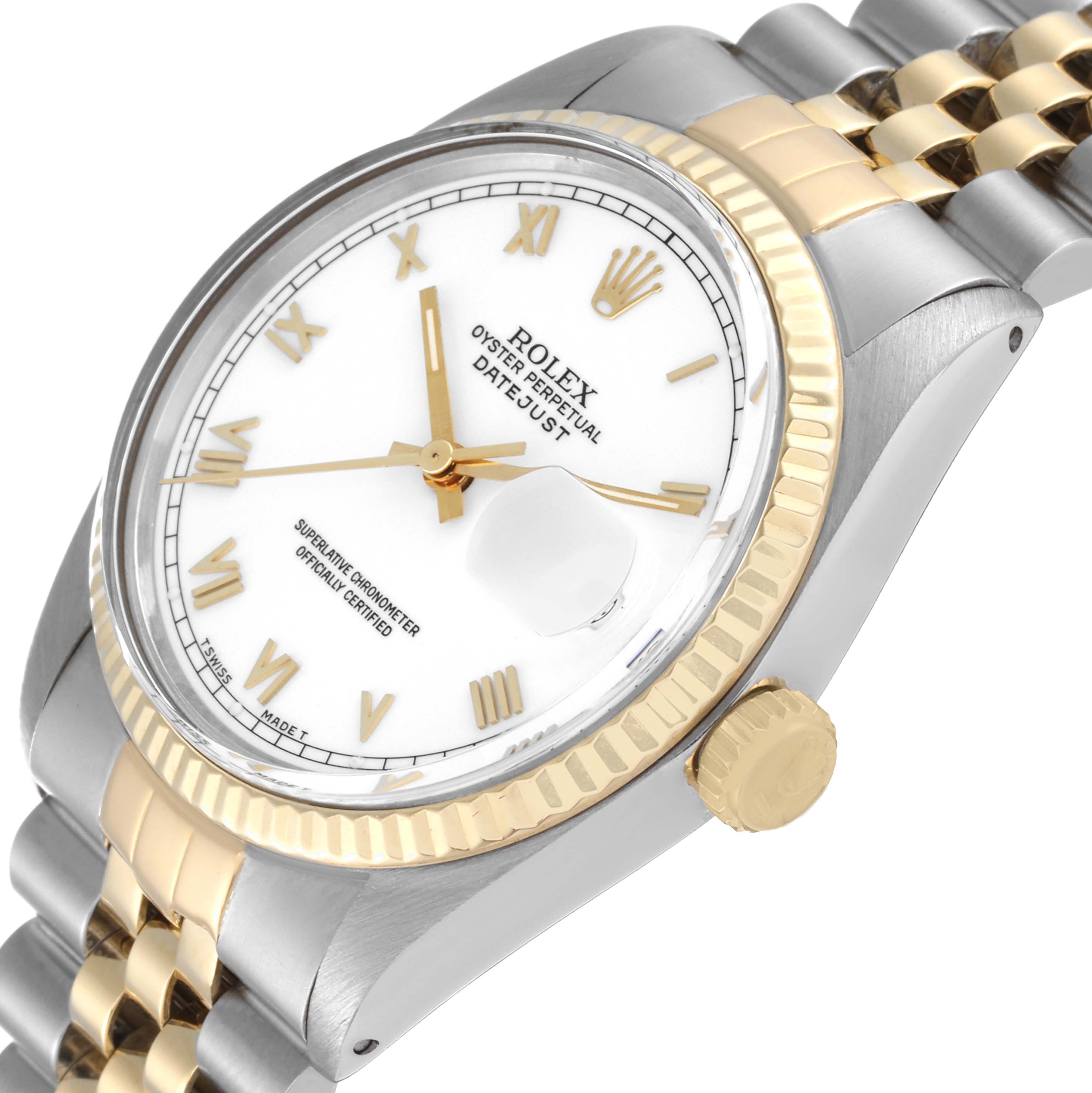 The Rolex Vintage Collection 16013 Men's Steel and Gold (two tone) White Dial 16013 Men's Steel and Gold (two tone) White Dial model is shown from a side angle highlighting the face, crown, dial, and part of the metal bracelet.