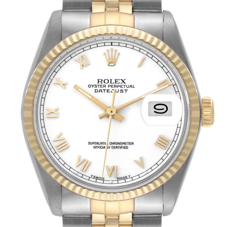 Rolex Datejust Steel Yellow Gold White Roman Dial Vintage Mens Watch 16013 SwissWatchExpo