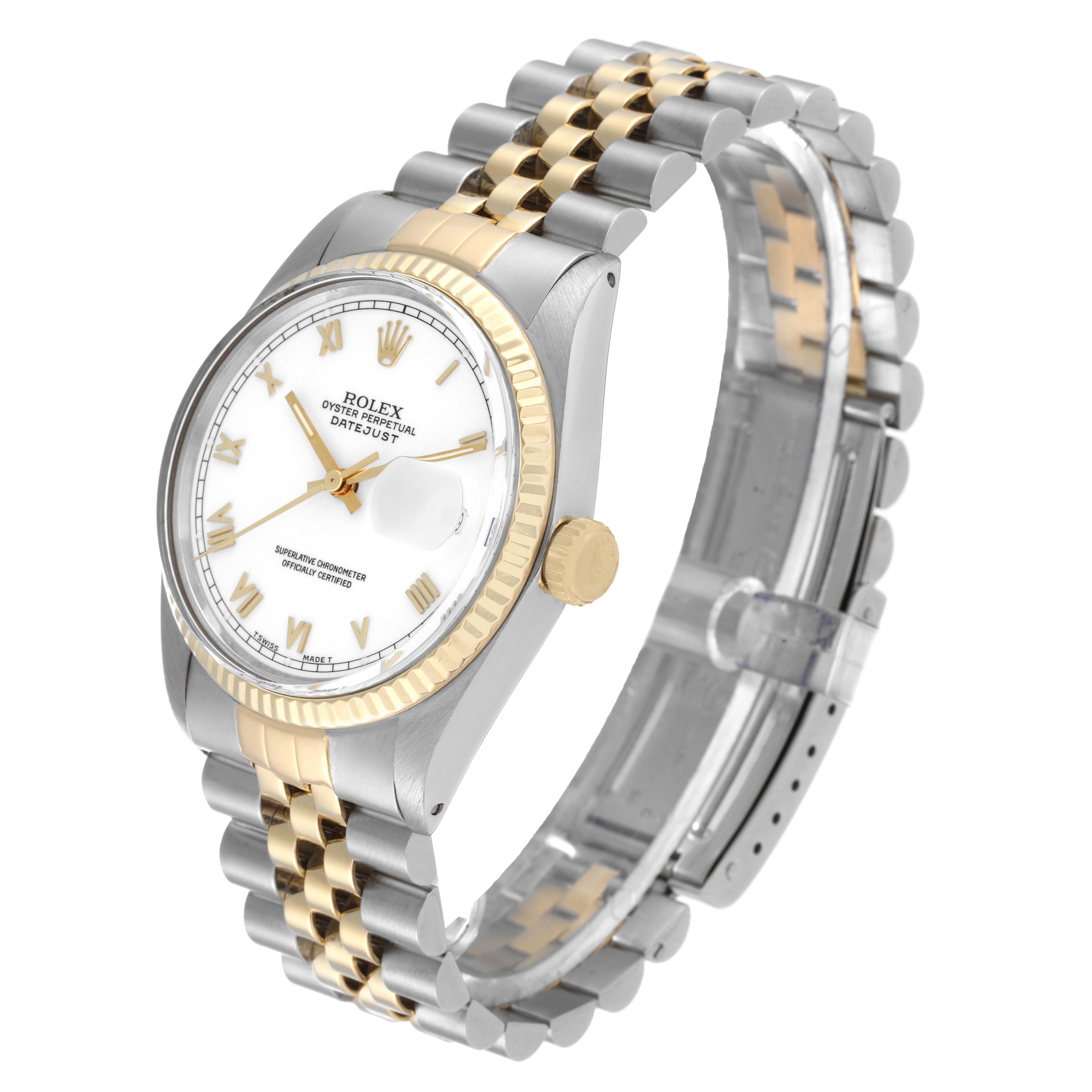 The Rolex Vintage Collection 16013 Men's Steel and Gold (two tone) White Dial 16013 Men's Steel and Gold (two tone) White Dial model is shown at an angled side view, highlighting the dial, crown, bezel, and two-tone bracelet.