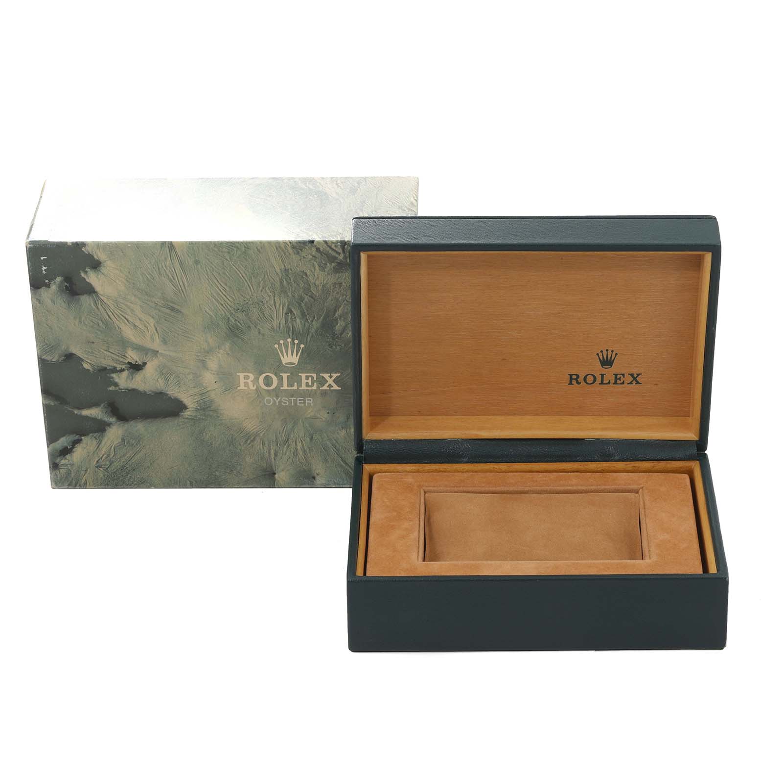 The image shows an open Rolex Vintage Collection 16013 Men's Steel and Gold (two tone) White Dial 16013 Men's Steel and Gold (two tone) White Dial watch box with the lid up, next to its outer packaging.