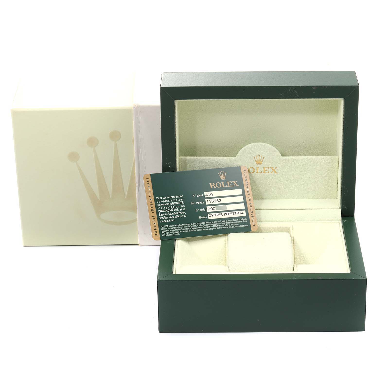 The image shows the packaging, card, and watch box for the Rolex Turn-o-Graph 116263 Men
s Steel and Gold (two tone) Champagne Dial 116263 Men
s Steel and Gold (two tone) Champagne Dial model, but the watch itself isn
t visible.