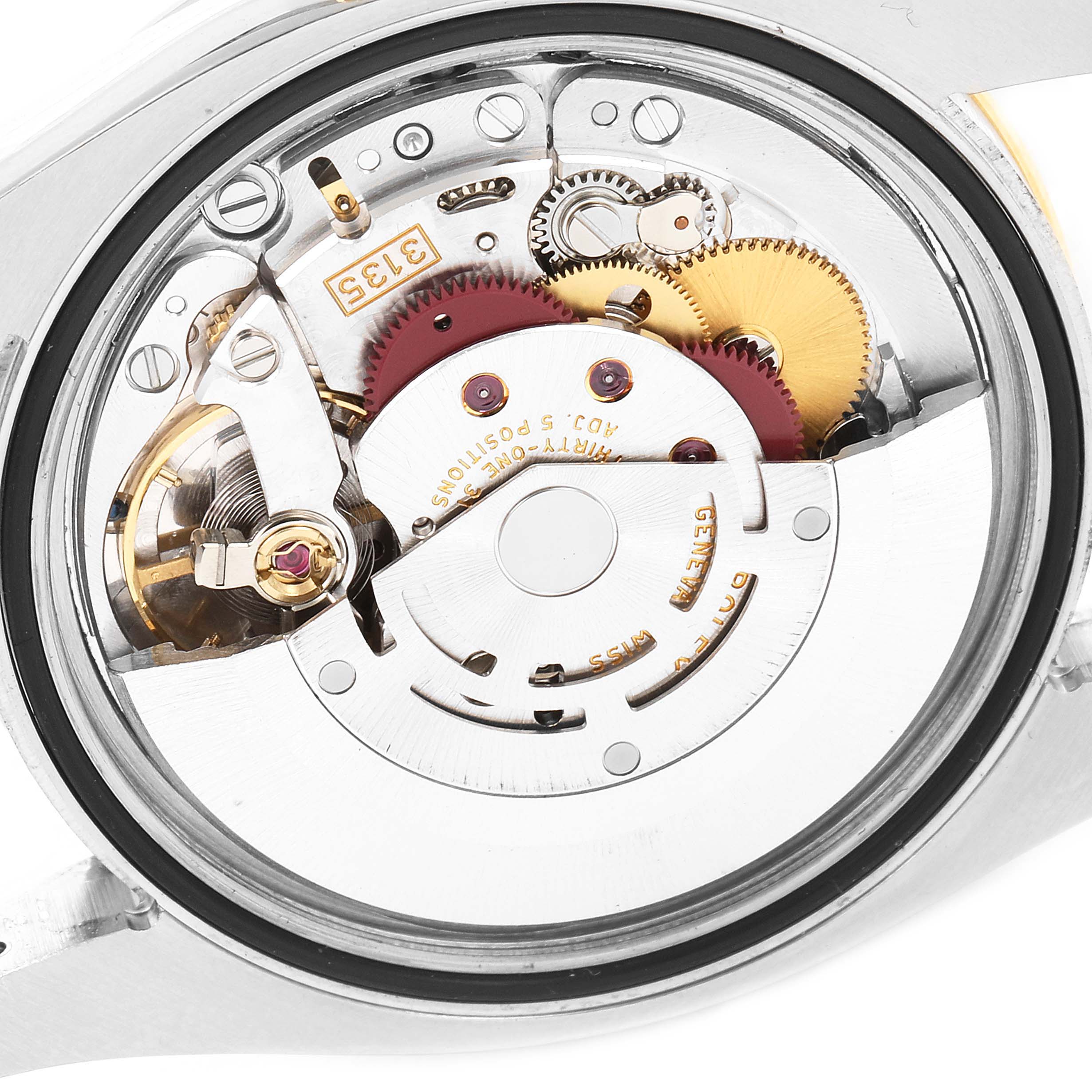 The image shows a close-up, top-down view of the internal movement components of a Rolex Turn-o-Graph 116263 Men
s Steel and Gold (two tone) Champagne Dial 116263 Men
s Steel and Gold (two tone) Champagne Dial watch.