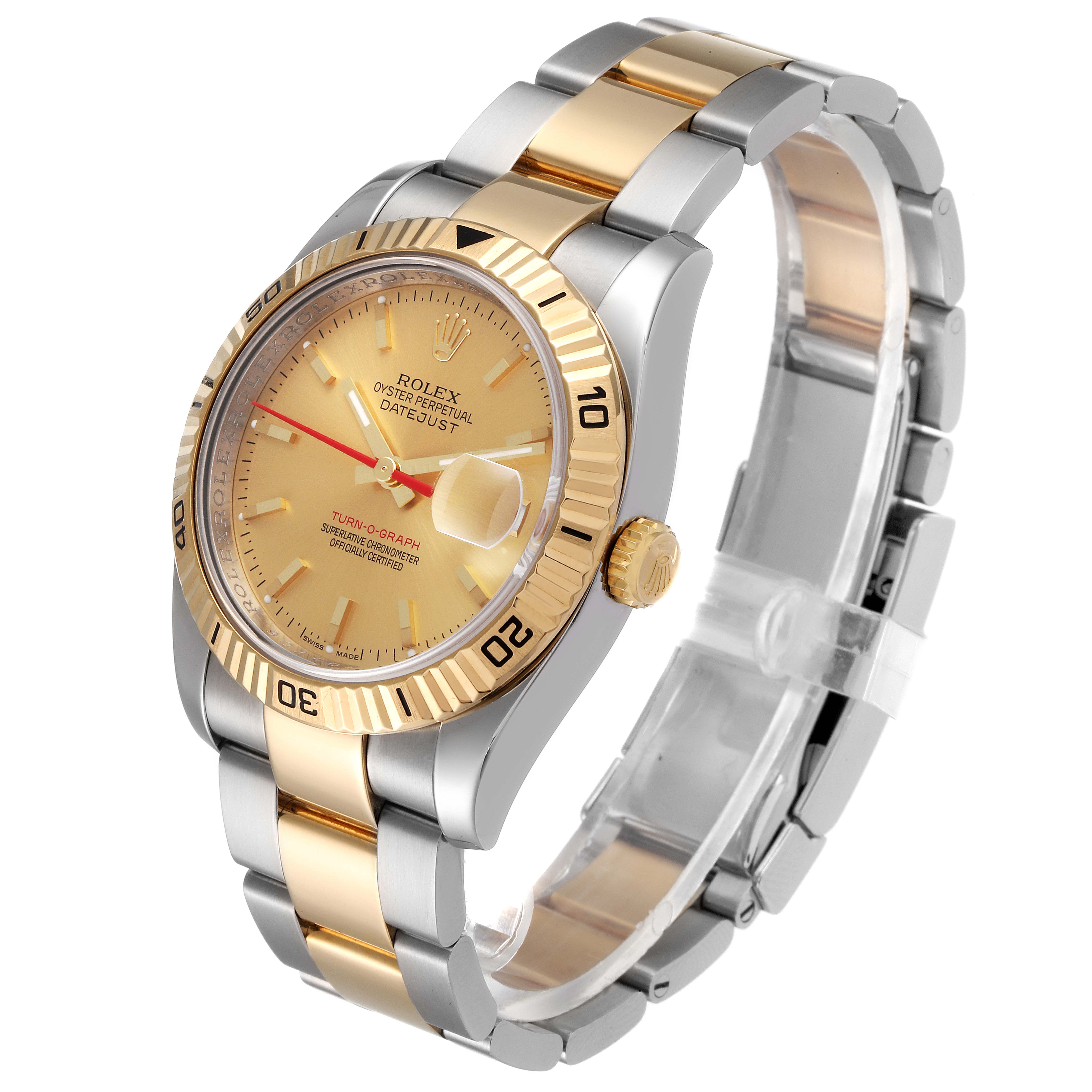 The image shows a side-angle view of a Rolex Turn-o-Graph 116263 Men
s Steel and Gold (two tone) Champagne Dial 116263 Men
s Steel and Gold (two tone) Champagne Dial watch, highlighting its gold dial, bezel, and two-tone bracelet.