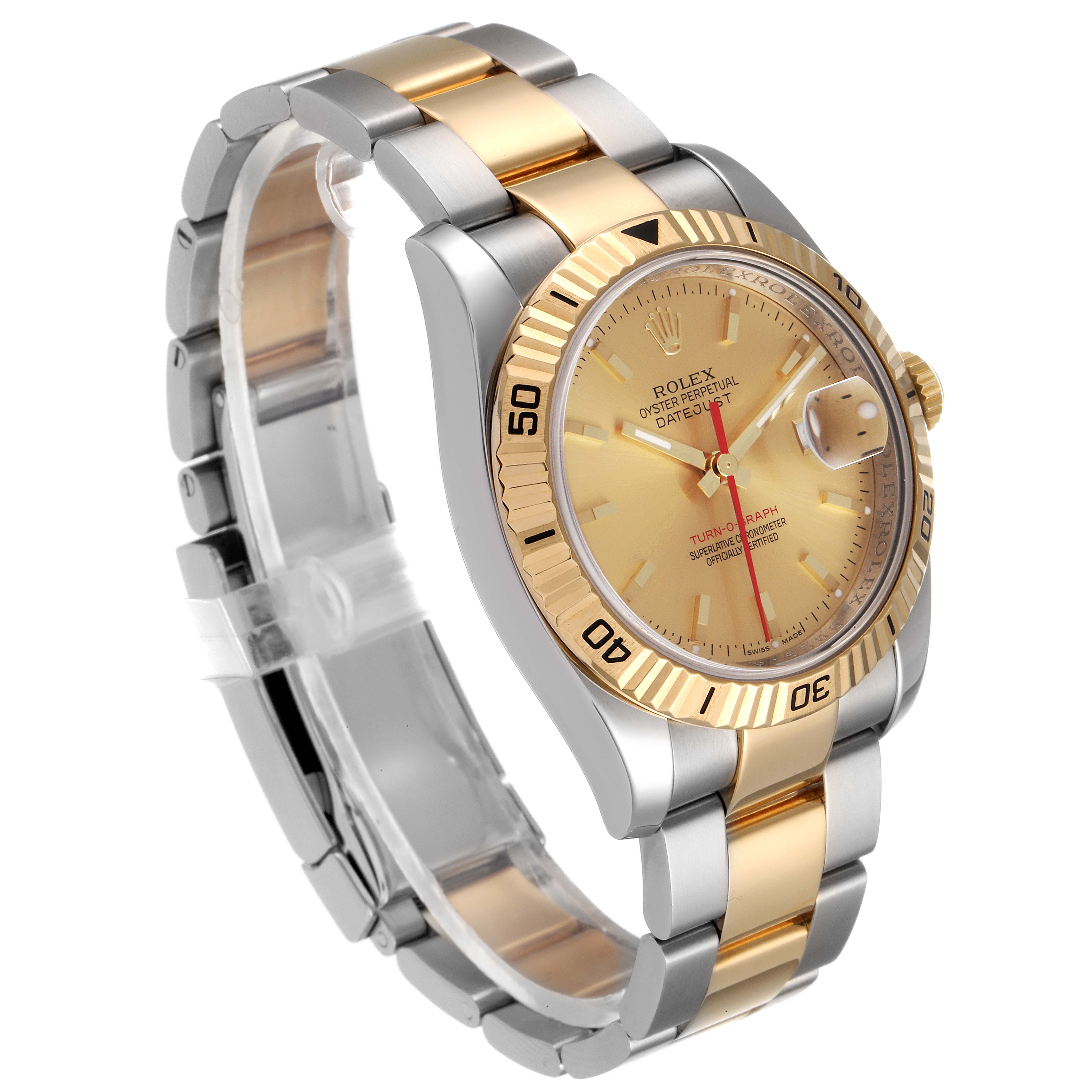 The Rolex Turn-o-Graph 116263 Men
s Steel and Gold (two tone) Champagne Dial 116263 Men
s Steel and Gold (two tone) Champagne Dial watch is shown at a three-quarter angle, highlighting its gold and silver bracelet, bezel, and dial.