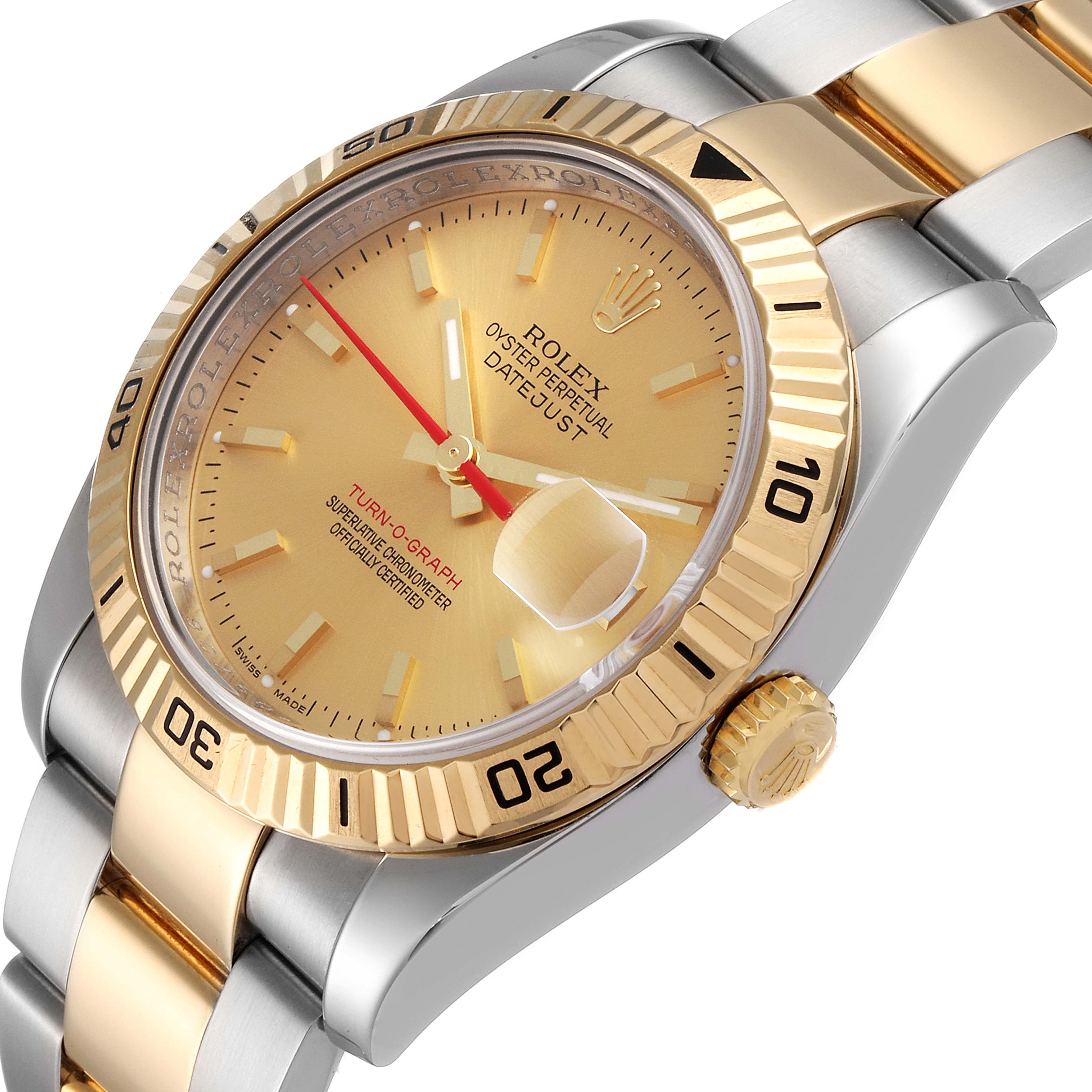 The image shows a Rolex Turn-o-Graph 116263 Men
s Steel and Gold (two tone) Champagne Dial 116263 Men
s Steel and Gold (two tone) Champagne Dial watch at a slight angle, highlighting the face, bezel, and part of the bracelet.