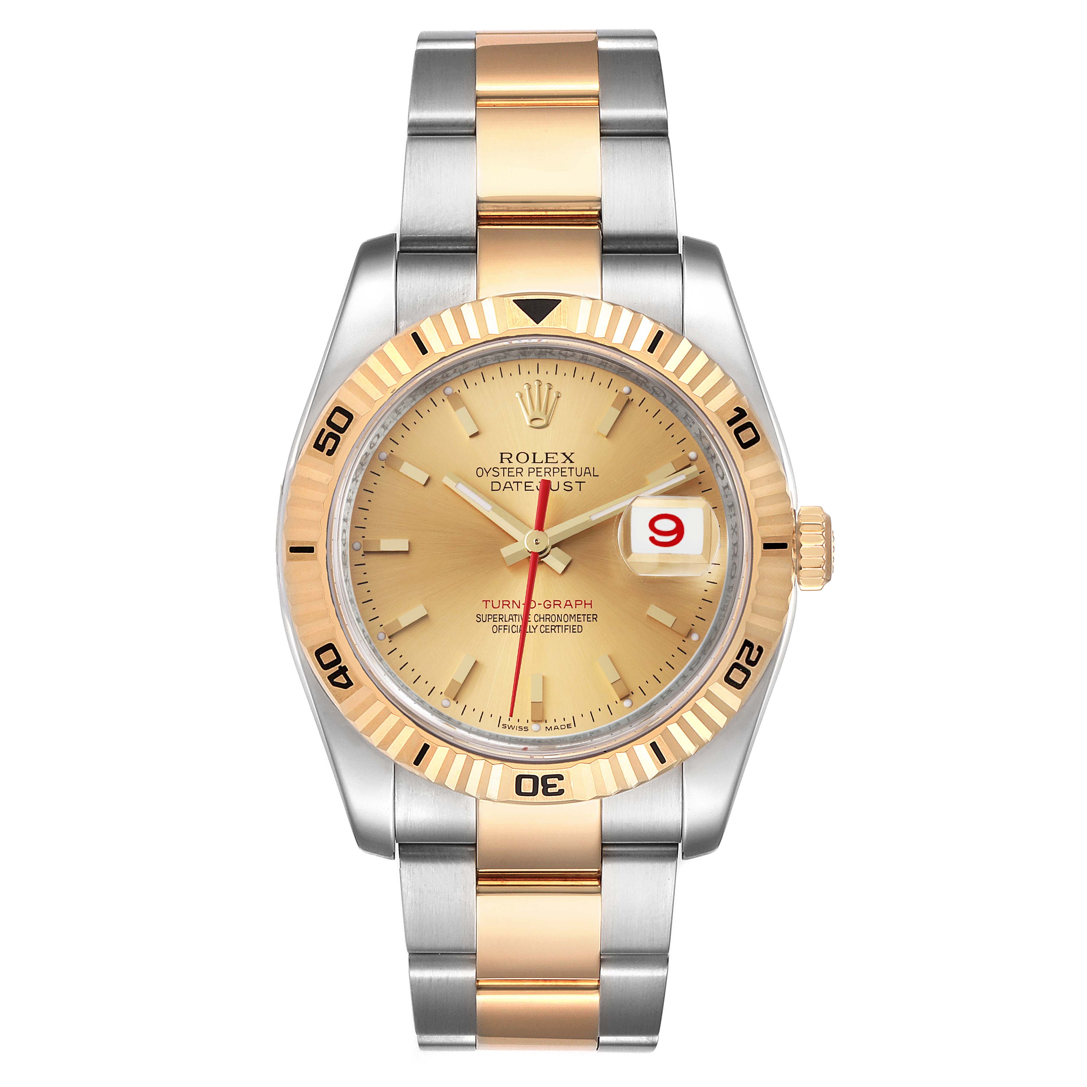 The image shows a front view of the Rolex Turn-o-Graph 116263 Men
s Steel and Gold (two tone) Champagne Dial 116263 Men
s Steel and Gold (two tone) Champagne Dial watch, displaying the face, bezel, and bracelet.