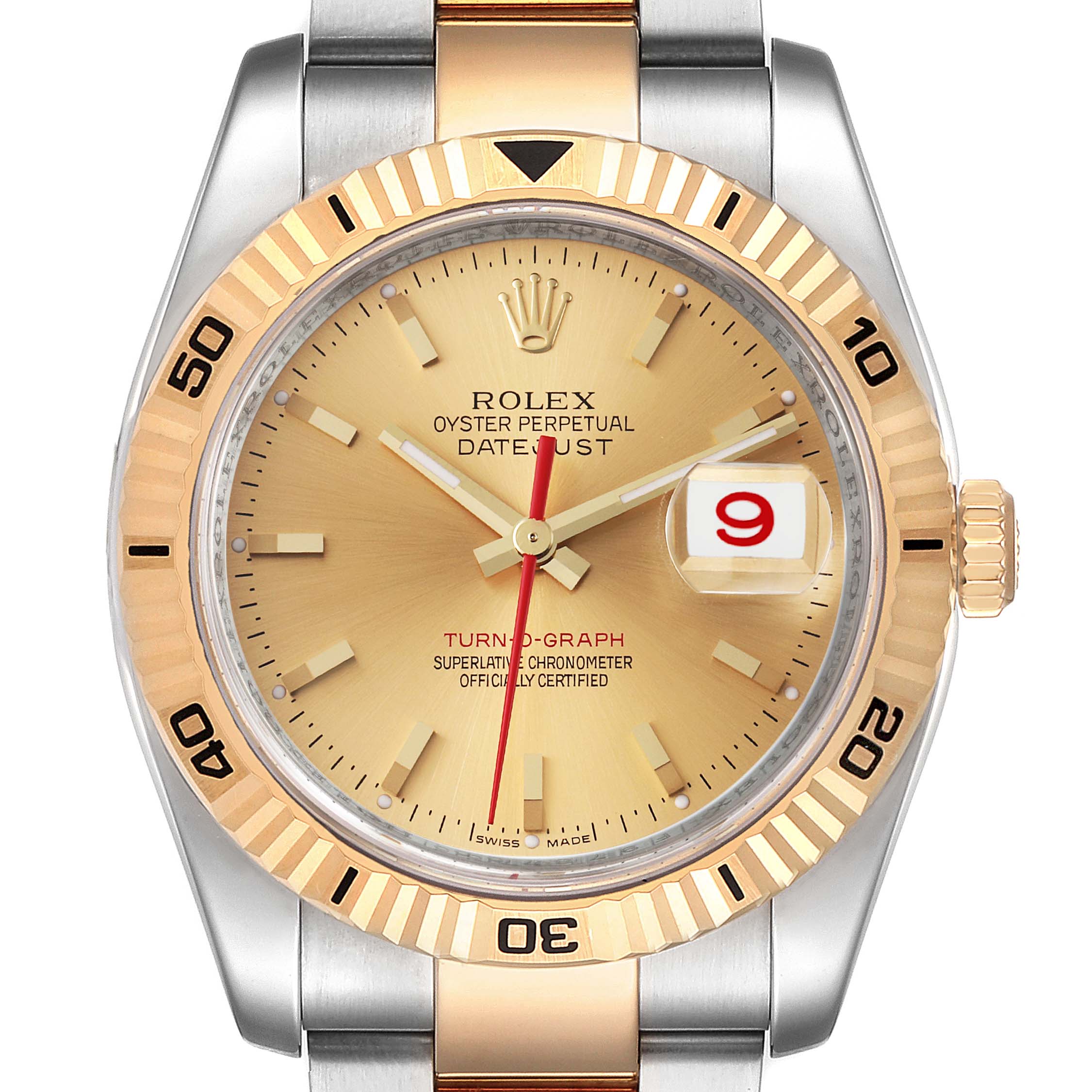 This image shows a front view of a Rolex Turn-o-Graph 116263 Men
s Steel and Gold (two tone) Champagne Dial 116263 Men
s Steel and Gold (two tone) Champagne Dial watch, highlighting its dial, bezel, and part of the bracelet.