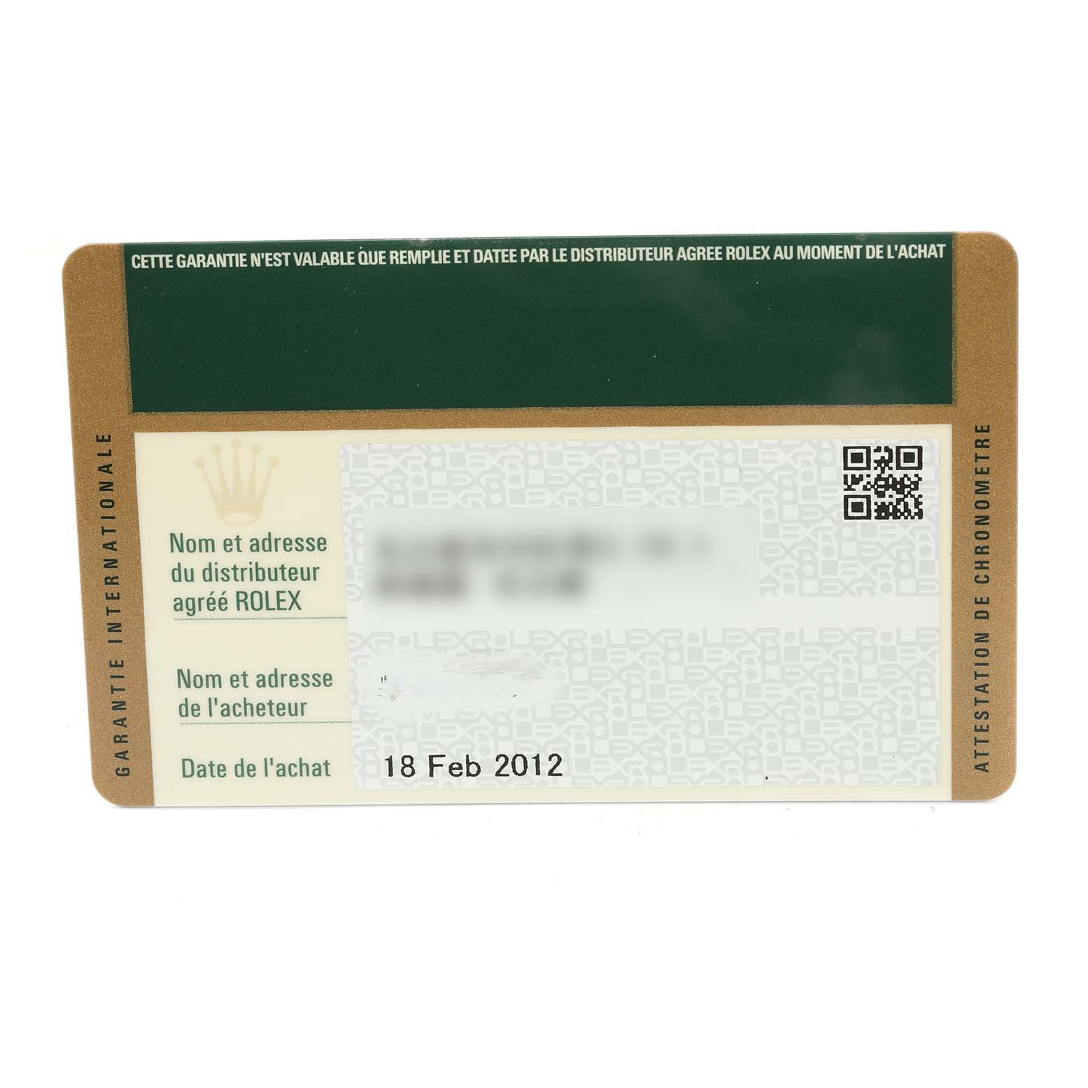 This image shows a warranty card for the Rolex Turn-o-Graph 116263 Men
s Steel and Gold (two tone) Champagne Dial 116263 Men
s Steel and Gold (two tone) Champagne Dial model.