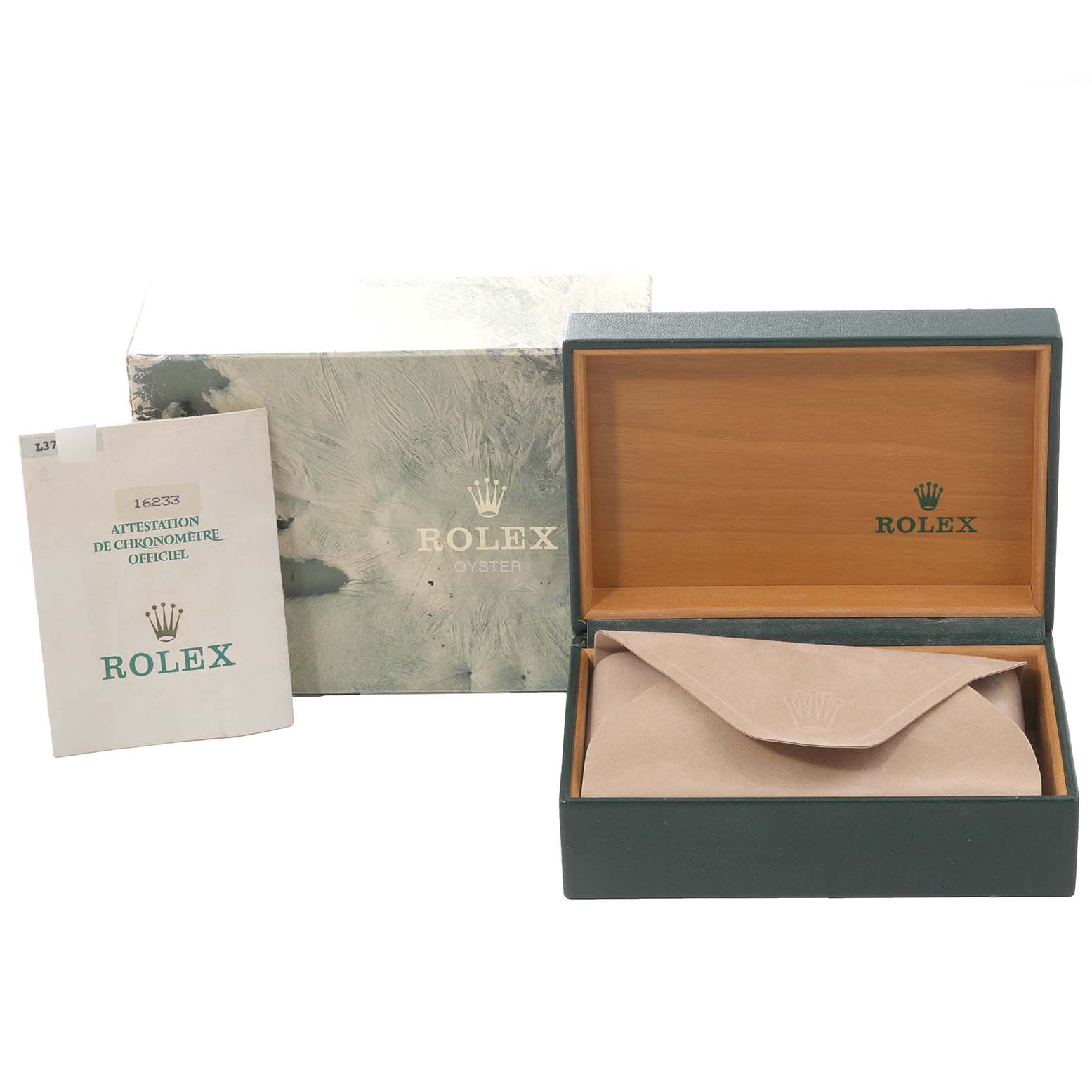 The image shows the packaging of a Rolex Datejust 16233 Men's Steel and Gold (two tone) White Dial 16233 Men's Steel and Gold (two tone) White Dial watch, including its box, pouch, and a booklet.