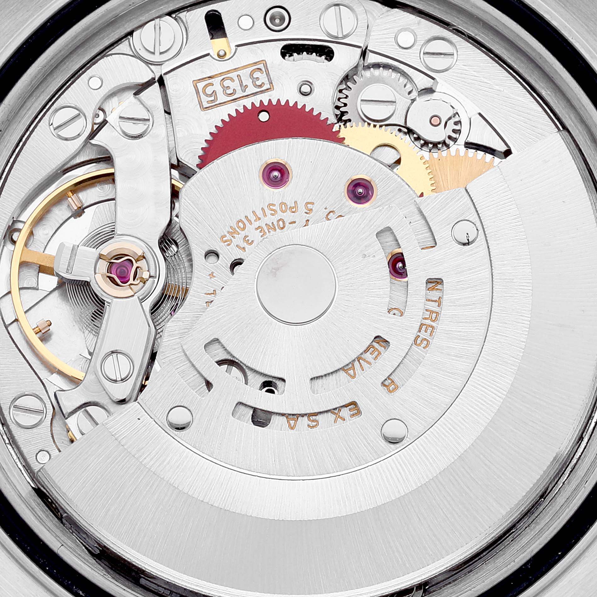 This image shows the intricate internal mechanism of the Rolex Datejust 16233 Men's Steel and Gold (two tone) White Dial 16233 Men's Steel and Gold (two tone) White Dial watch viewed from the back.
