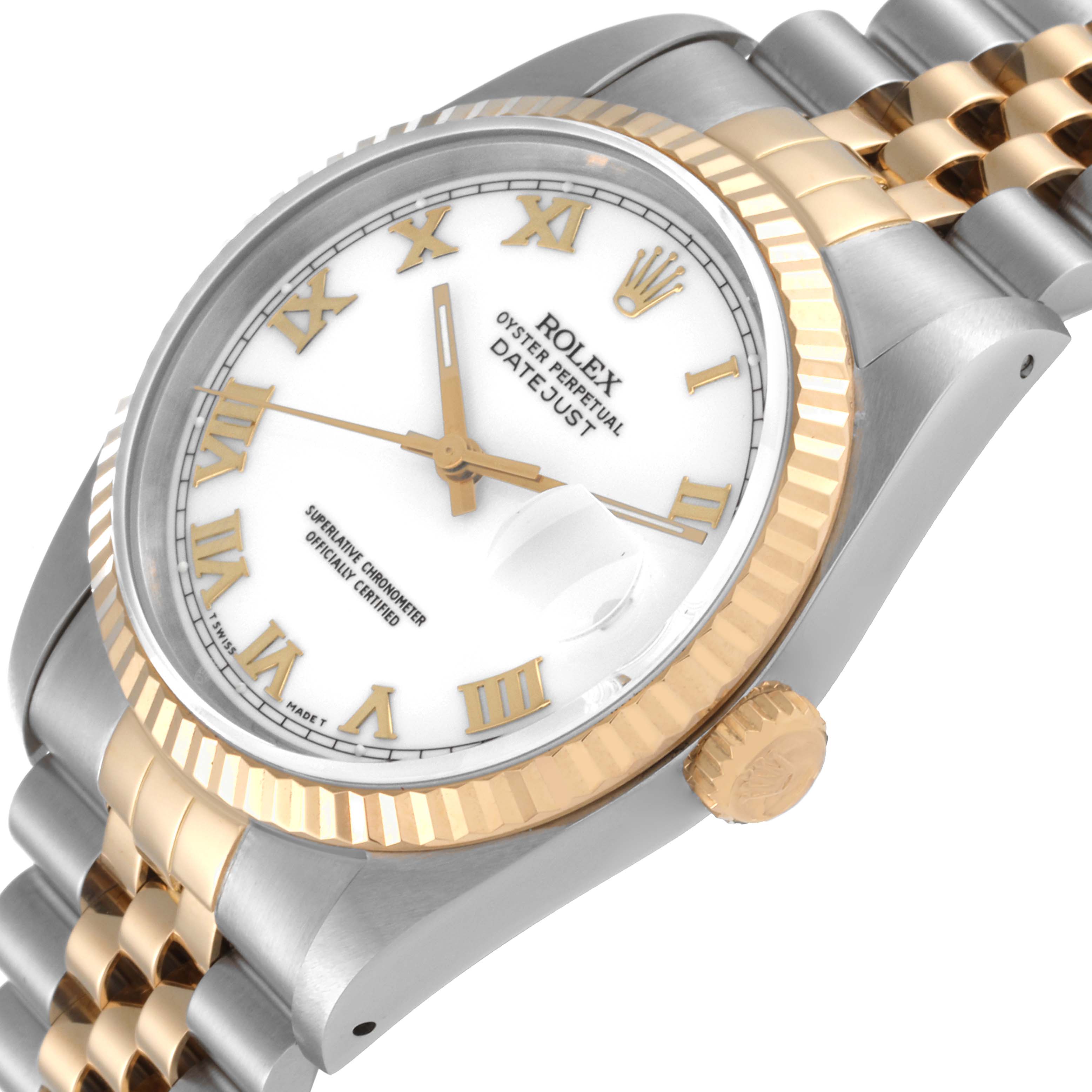 The image shows a close-up angled view of a Rolex Datejust 16233 Men's Steel and Gold (two tone) White Dial 16233 Men's Steel and Gold (two tone) White Dial watch, highlighting the dial, crown, and two-tone bracelet.