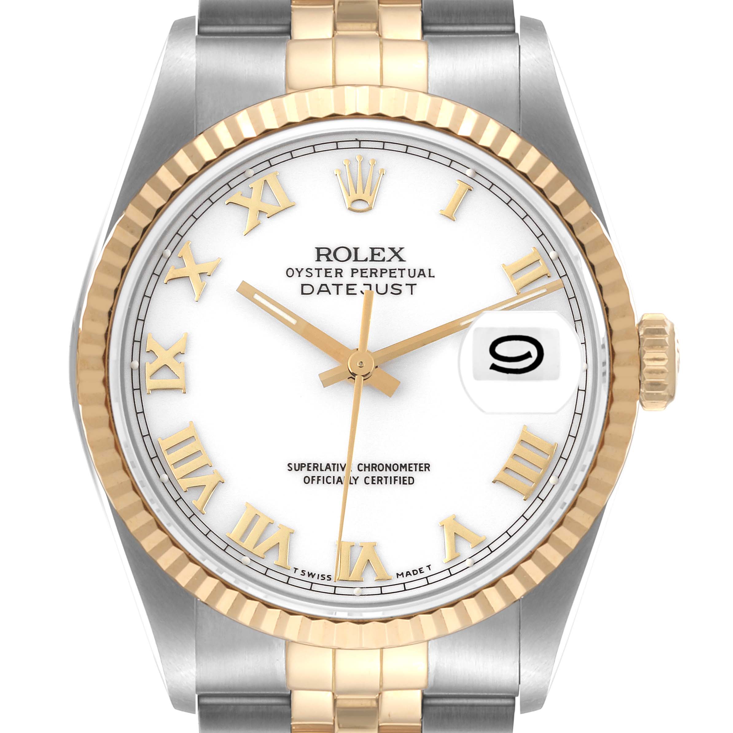 The image shows a front view of a Rolex Datejust 16233 Men's Steel and Gold (two tone) White Dial 16233 Men's Steel and Gold (two tone) White Dial watch, highlighting the dial, Roman numeral hour markers, date window, and bracelet.