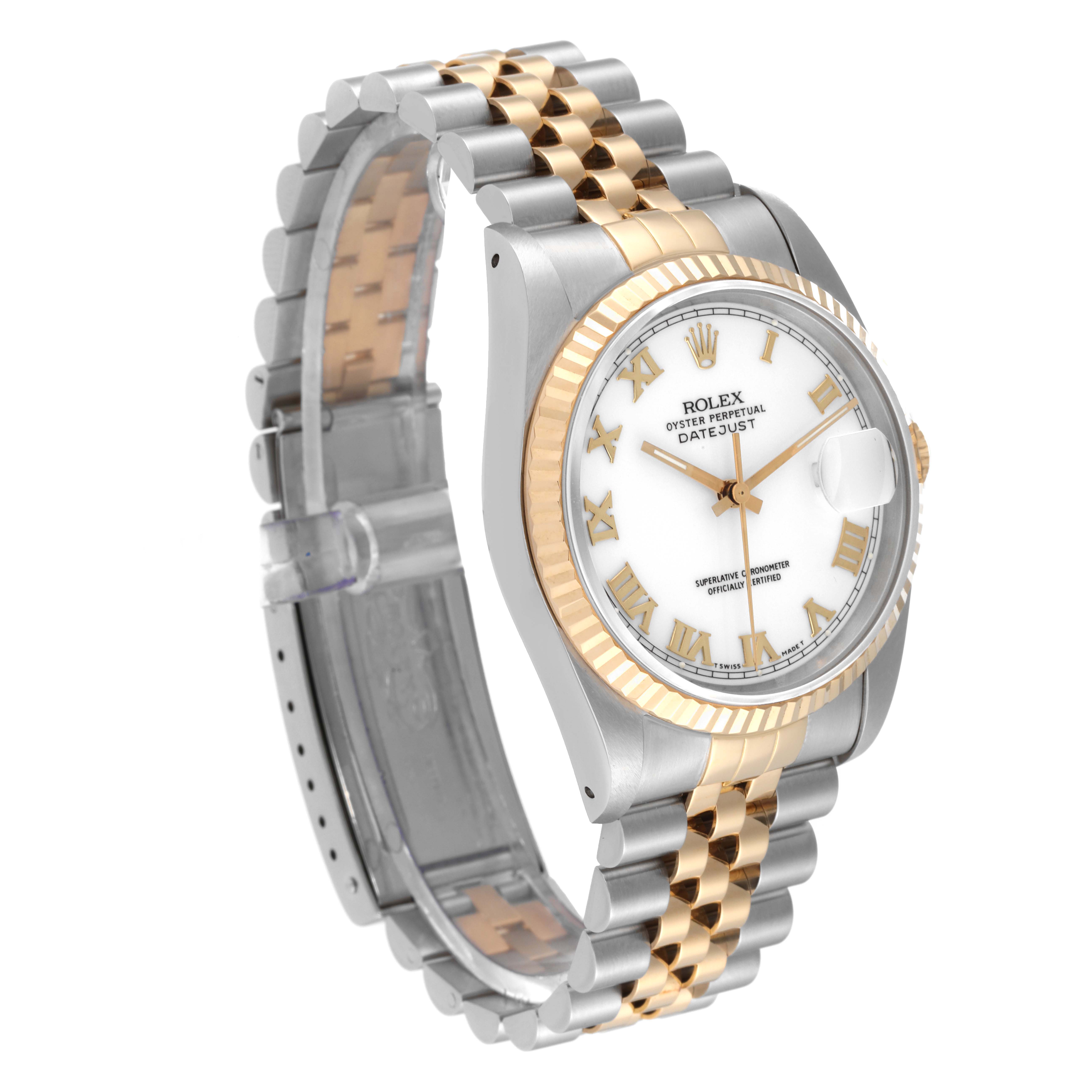 This image shows a Rolex Datejust 16233 Men's Steel and Gold (two tone) White Dial 16233 Men's Steel and Gold (two tone) White Dial watch at a slight angle, highlighting its face, bezel, and two-tone bracelet.