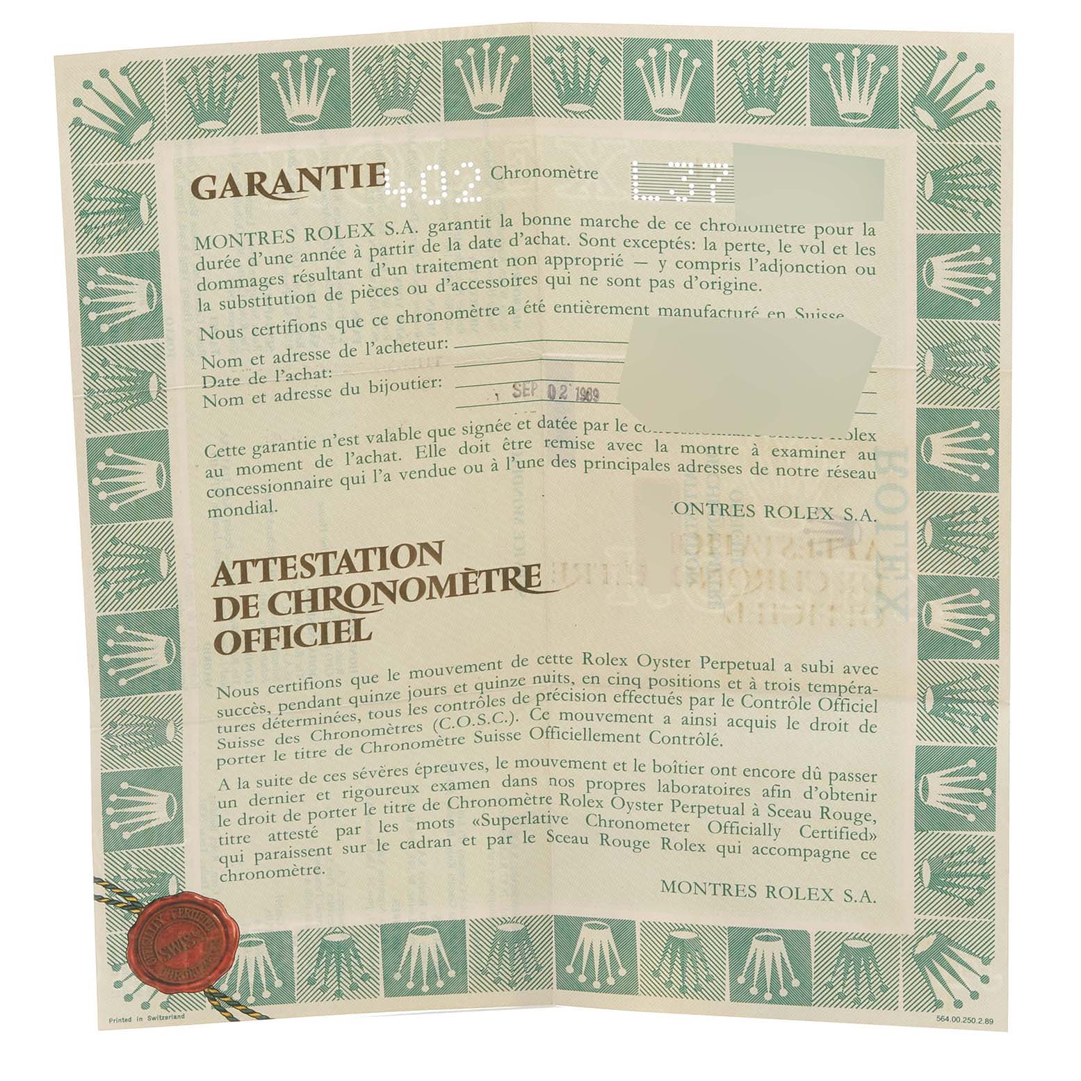 The image shows the warranty card and chronometer certificate for the Rolex Datejust 16233 Men's Steel and Gold (two tone) White Dial 16233 Men's Steel and Gold (two tone) White Dial model, viewed from above.