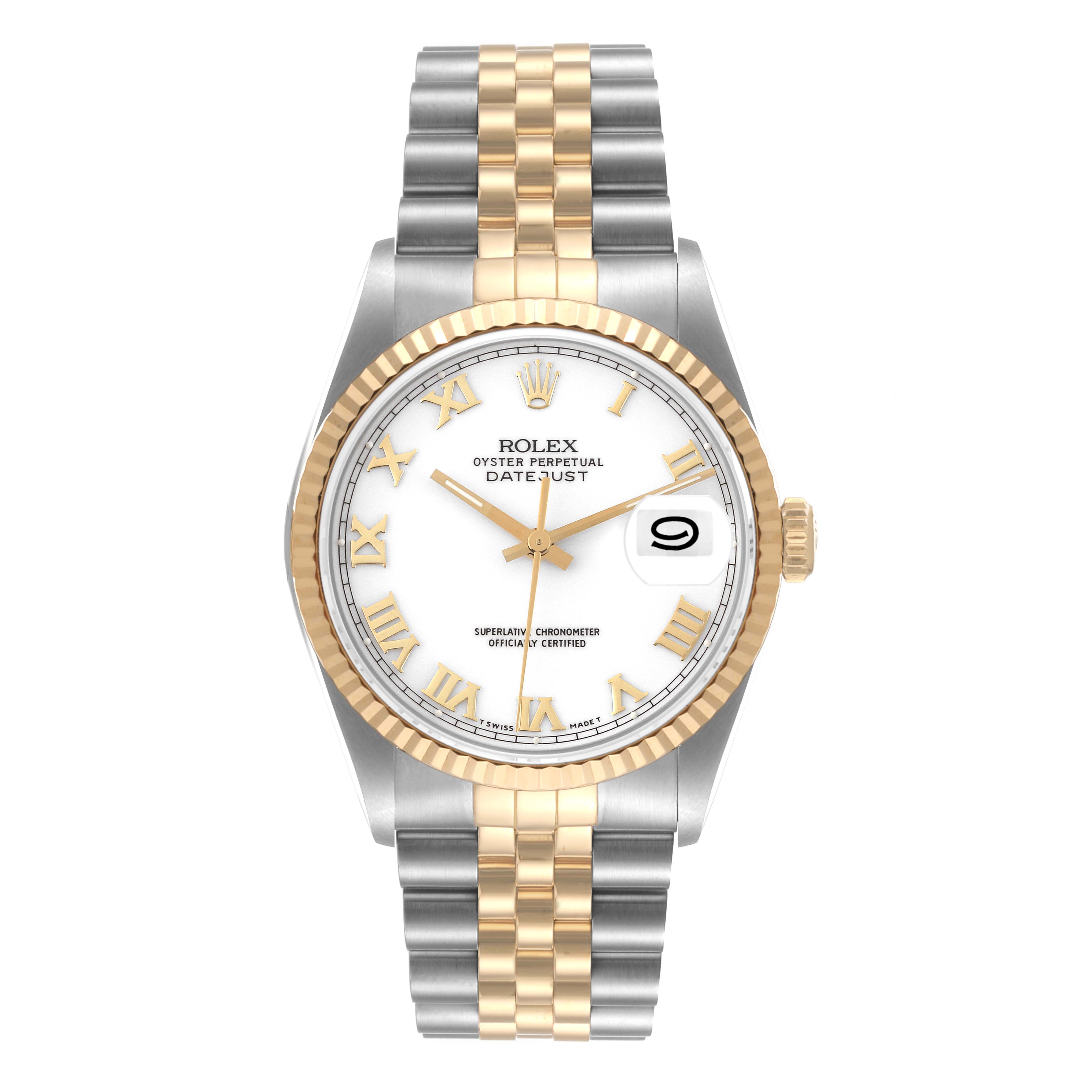 The image shows a front view of the Rolex Datejust 16233 Men's Steel and Gold (two tone) White Dial 16233 Men's Steel and Gold (two tone) White Dial watch, featuring a two-tone bracelet, fluted bezel, and white dial with Roman numerals.