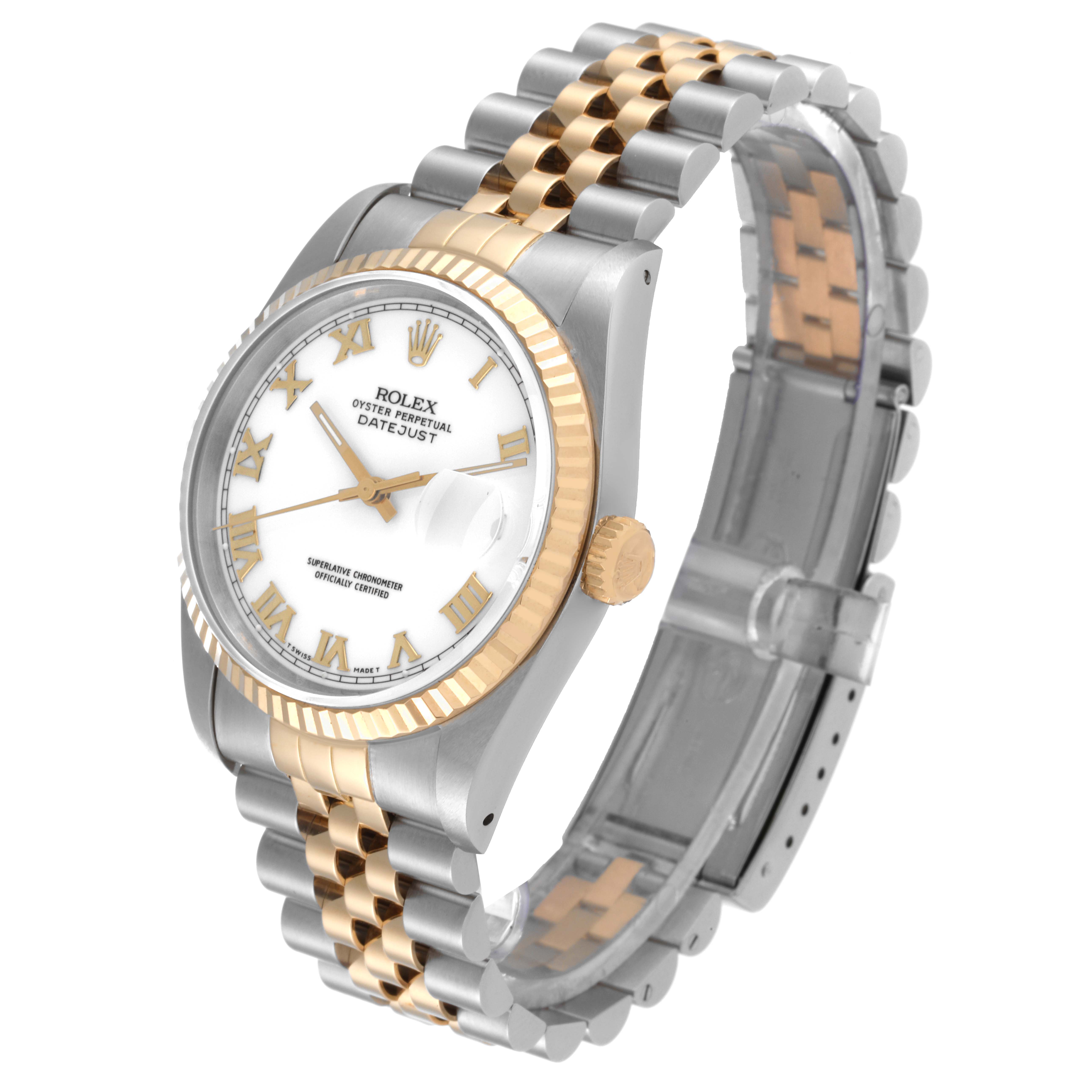 The image shows a Rolex Datejust 16233 Men's Steel and Gold (two tone) White Dial 16233 Men's Steel and Gold (two tone) White Dial watch at a three-quarter angle, highlighting the dial, bezel, crown, and two-tone bracelet.