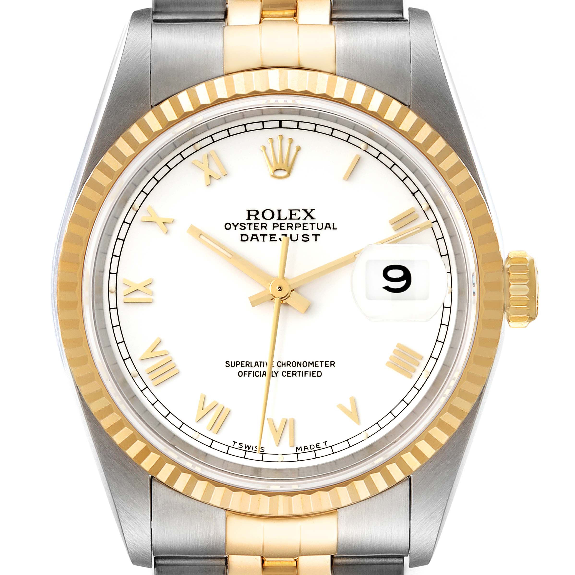 The Rolex Datejust 16233 Men's Steel and Gold (two tone) White Dial 16233 Men's Steel and Gold (two tone) White Dial watch is shown from a front angle, displaying its dial, bezel, crown, and part of the bracelet.