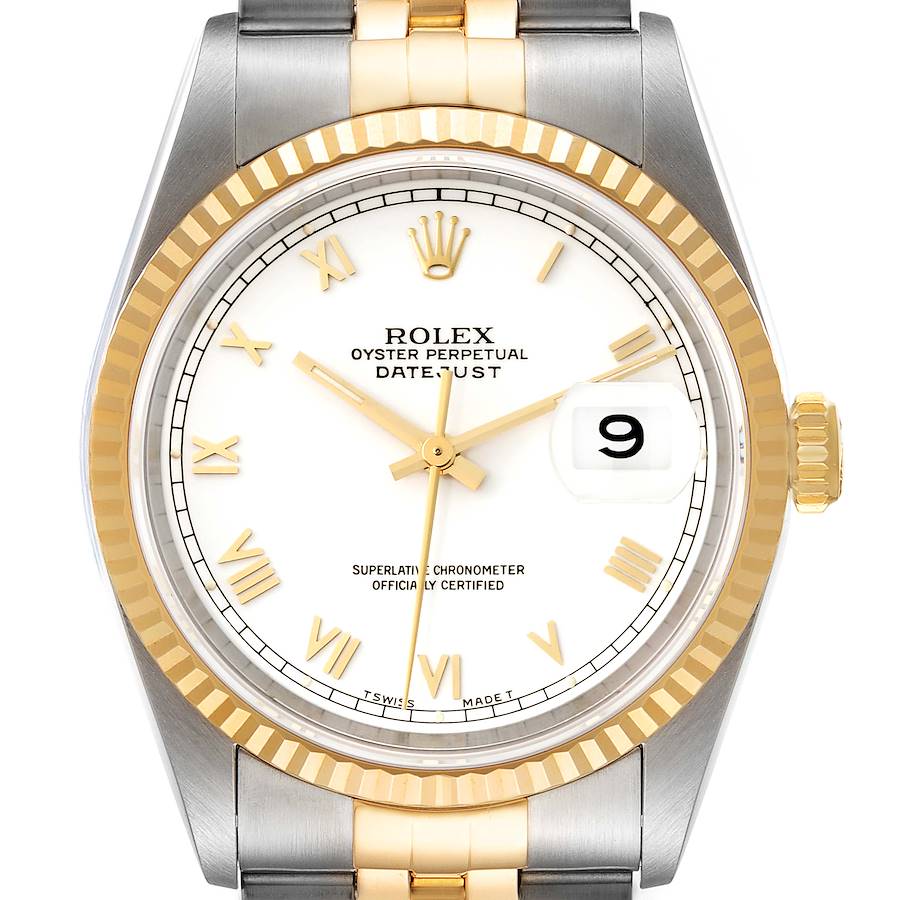 The Rolex Datejust watch is shown from a front angle, displaying its dial, bezel, crown, and part of the bracelet.