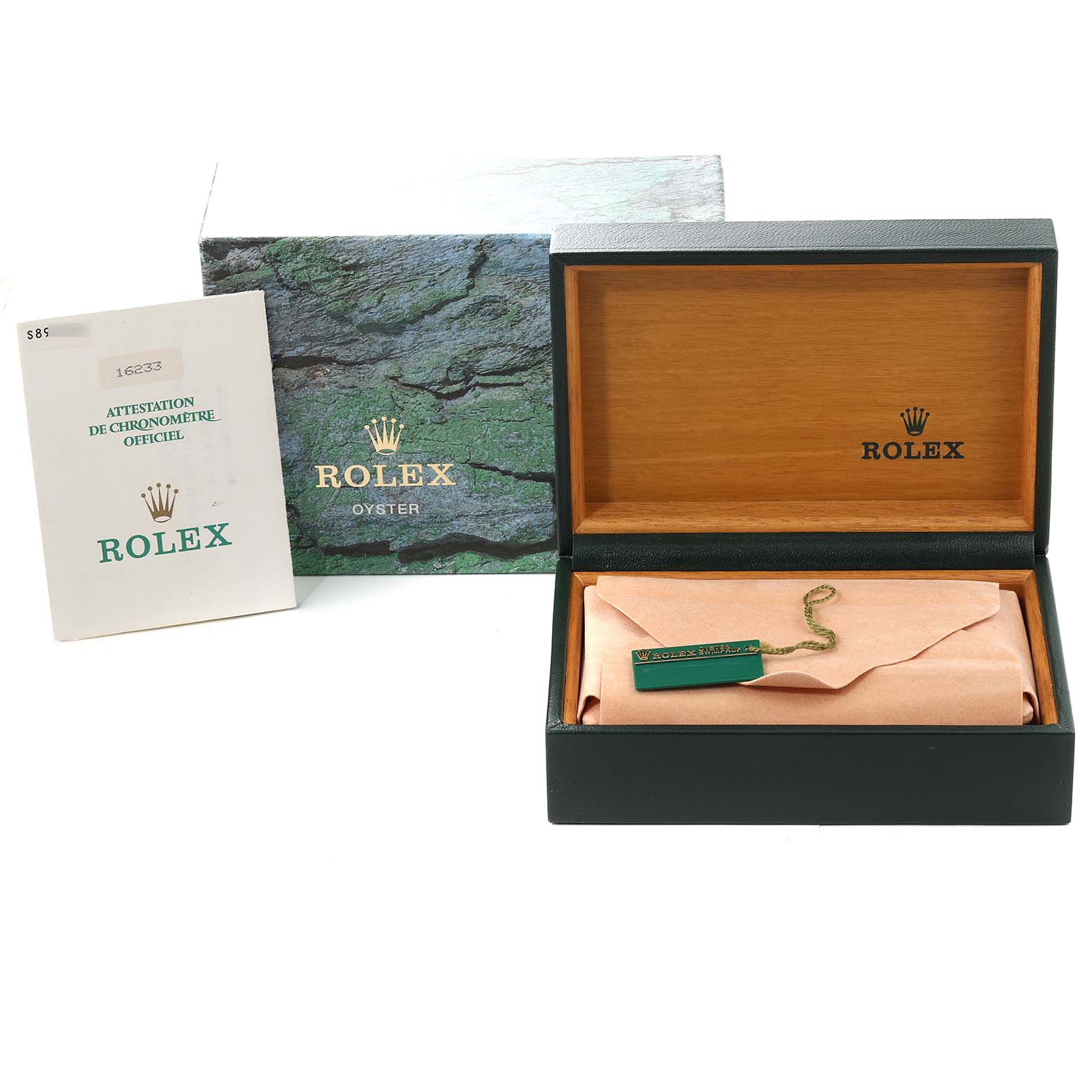 The image shows accessories for a Rolex Datejust 16233 Men's Steel and Gold (two tone) White Dial 16233 Men's Steel and Gold (two tone) White Dial model, including a watch box, a tag, and a certification booklet.