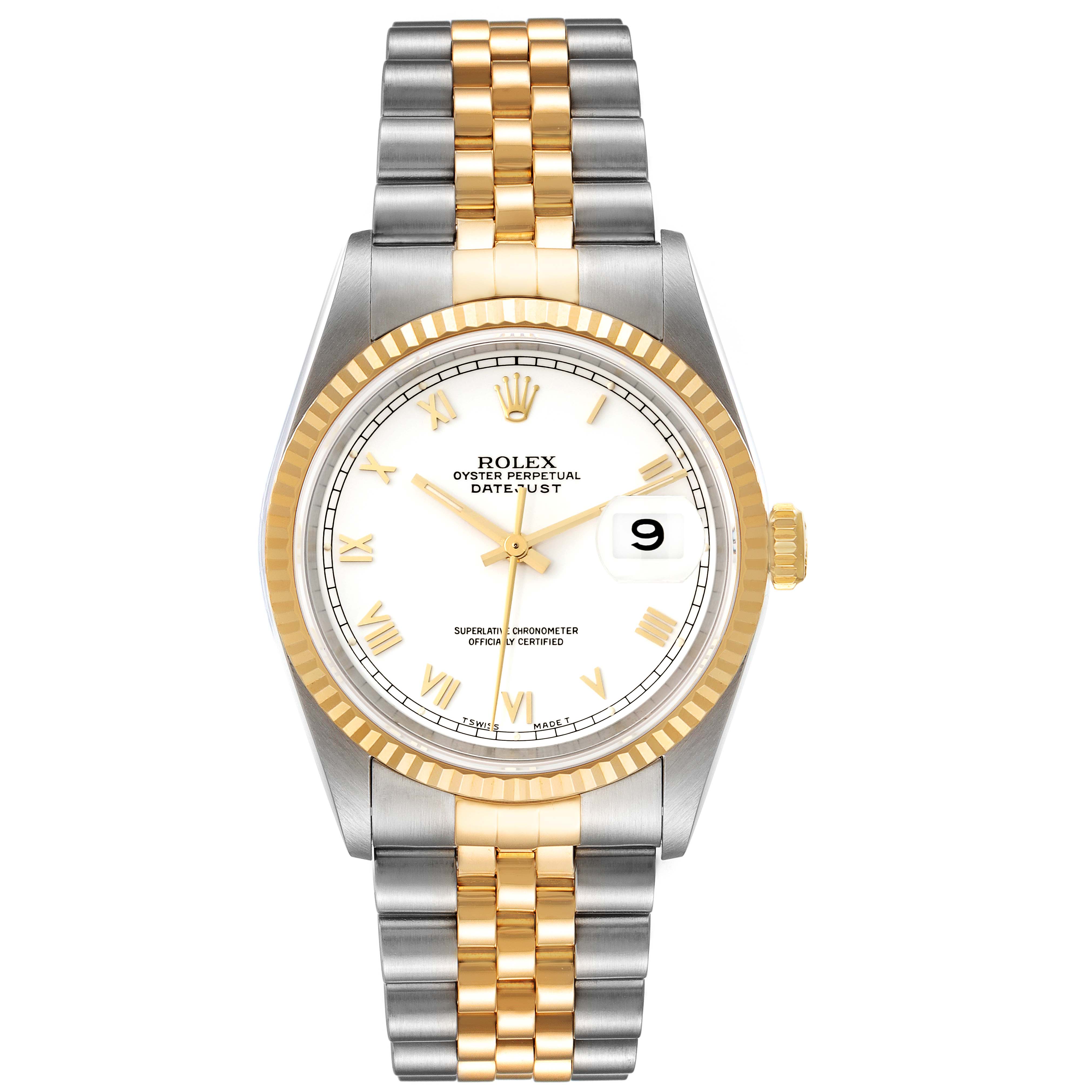 This image shows a front view of a Rolex Datejust 16233 Men's Steel and Gold (two tone) White Dial 16233 Men's Steel and Gold (two tone) White Dial watch, displaying the dial, bezel, case, crown, and bracelet.