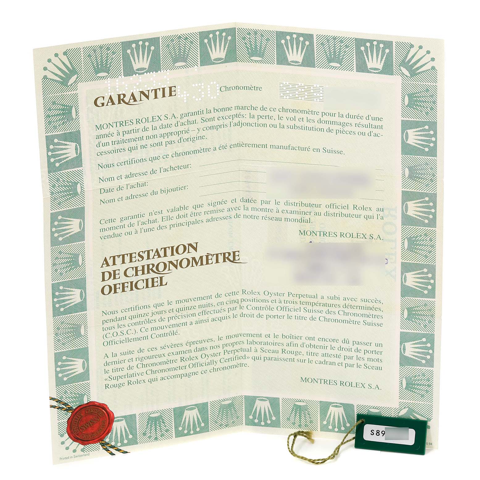 The image shows the official warranty and certification paper of a Rolex Datejust 16233 Men's Steel and Gold (two tone) White Dial 16233 Men's Steel and Gold (two tone) White Dial model, including a tag and seal.