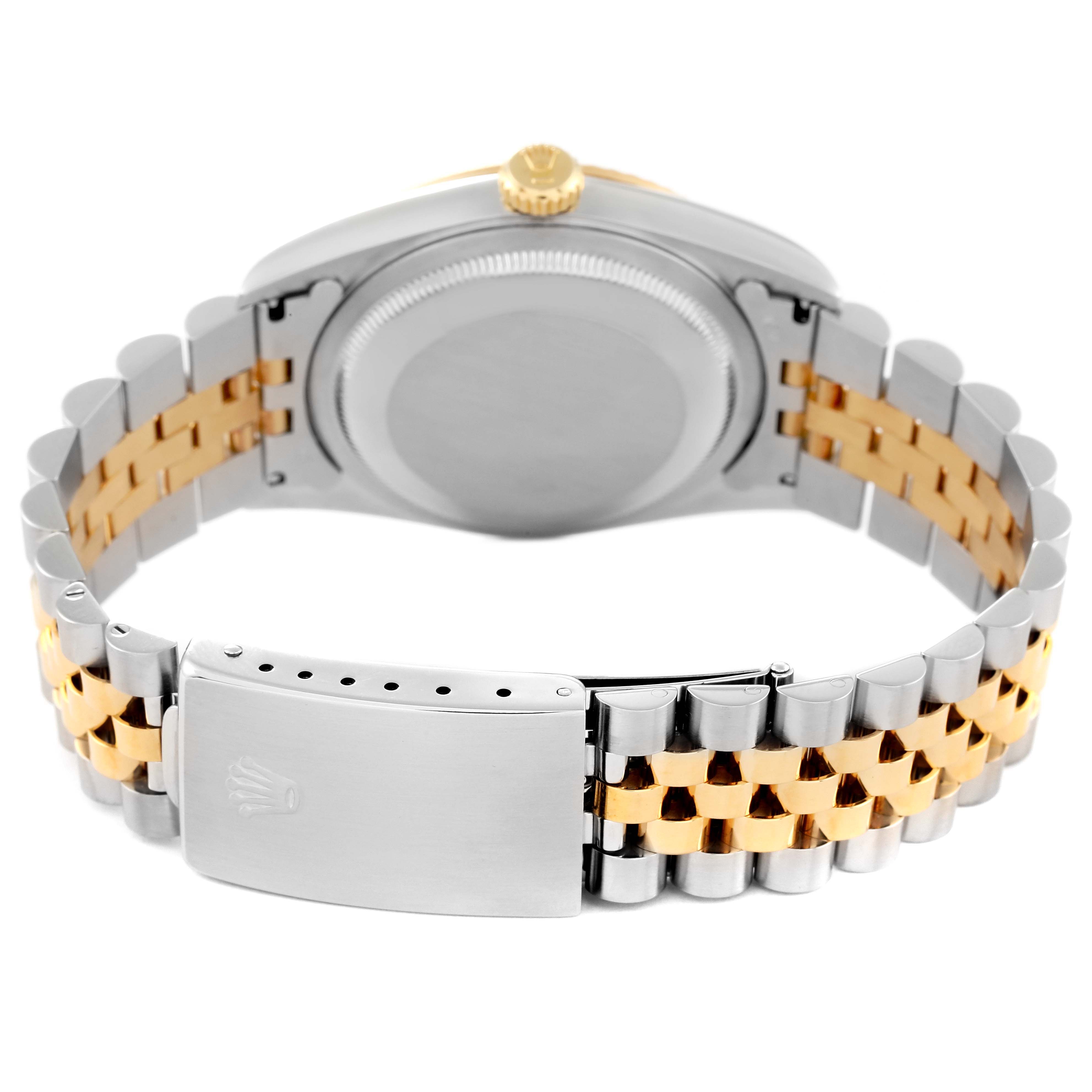 This is a rear view of a Rolex Datejust 16233 Men's Steel and Gold (two tone) White Dial 16233 Men's Steel and Gold (two tone) White Dial watch, showing the bracelet, clasp, and case back.