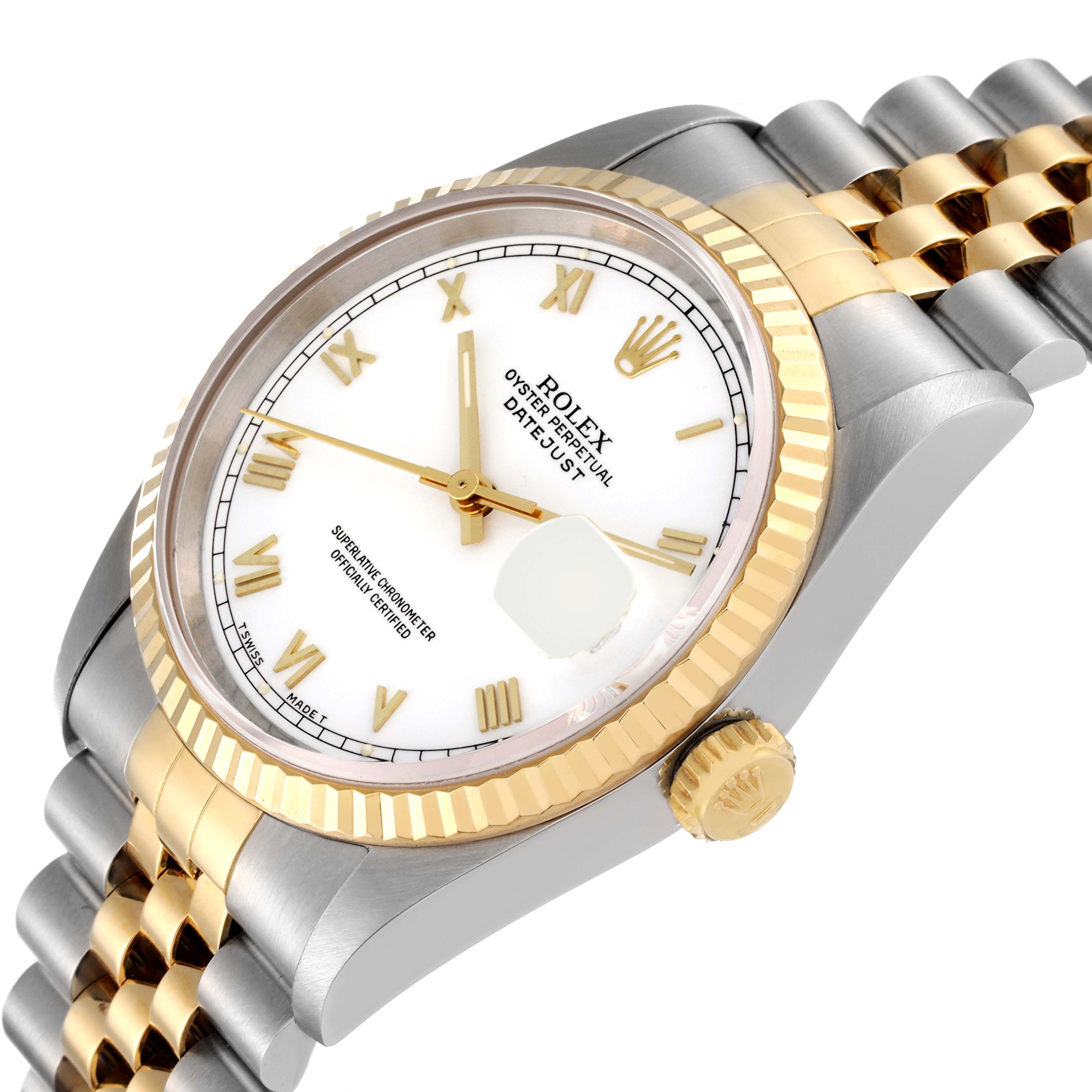 The image shows the Rolex Datejust 16233 Men's Steel and Gold (two tone) White Dial 16233 Men's Steel and Gold (two tone) White Dial watch at a three-quarter angle, highlighting the dial, crown, and part of the bracelet.
