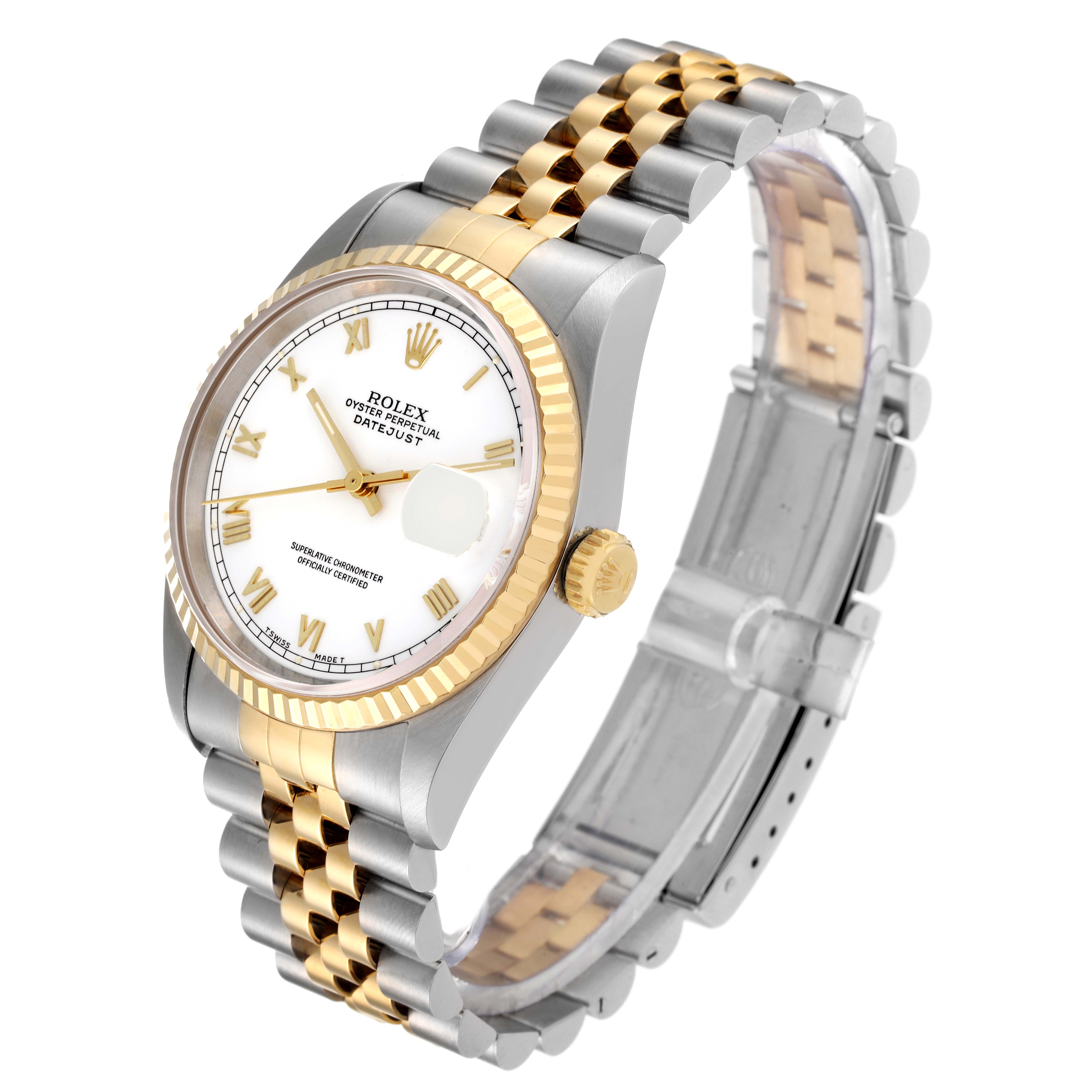 This image shows a side angle of the Rolex Datejust 16233 Men's Steel and Gold (two tone) White Dial 16233 Men's Steel and Gold (two tone) White Dial watch, highlighting its two-tone bracelet, white dial, and fluted bezel.