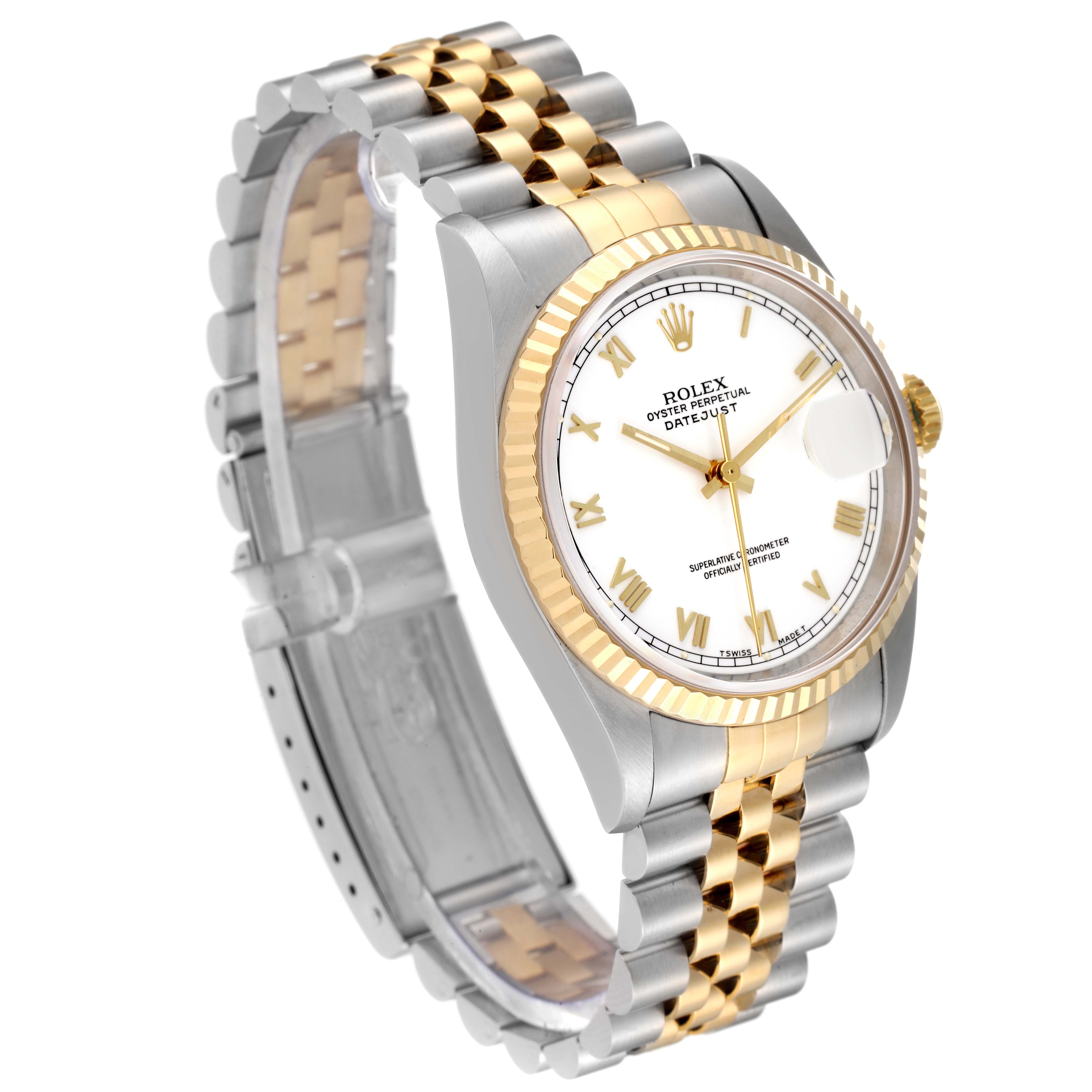 The image shows a side angle view of a Rolex Datejust 16233 Men's Steel and Gold (two tone) White Dial 16233 Men's Steel and Gold (two tone) White Dial watch, highlighting its gold and silver bracelet, case, and white dial.
