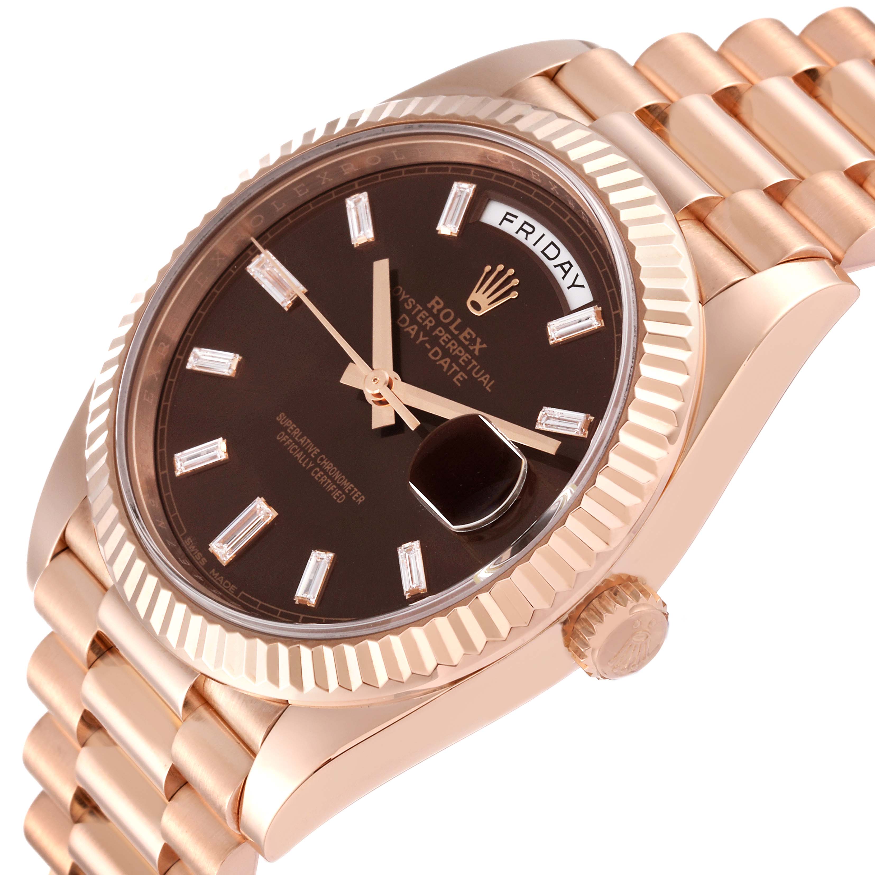 The image shows a close-up angled view of the Rolex President 228235 Men's Rose Gold Brown Dial 228235 Men's Rose Gold Brown Dial watch, highlighting the brown dial, day-date display, and gold bracelet.