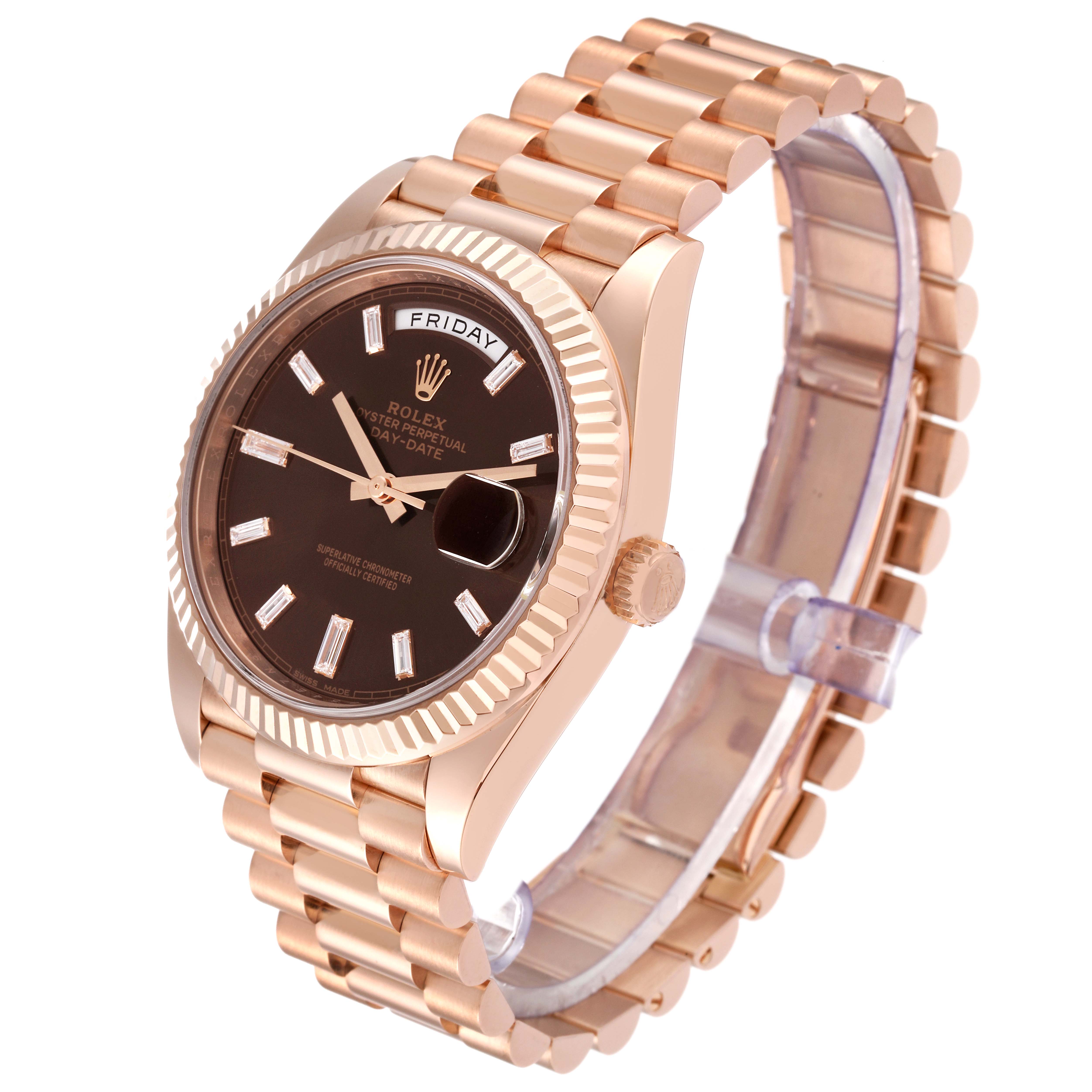 The image shows a Rolex President 228235 Men's Rose Gold Brown Dial 228235 Men's Rose Gold Brown Dial model watch at an angle highlighting its dial, bezel, bracelet, and crown.